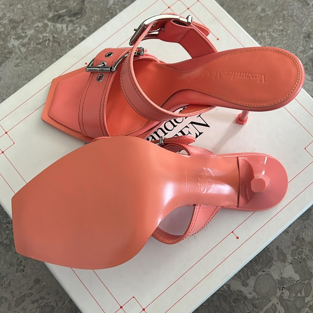 Alexander McQueen Double Buckle Punk Mule in Apricot, Size 39.5 NEW in Box $1050