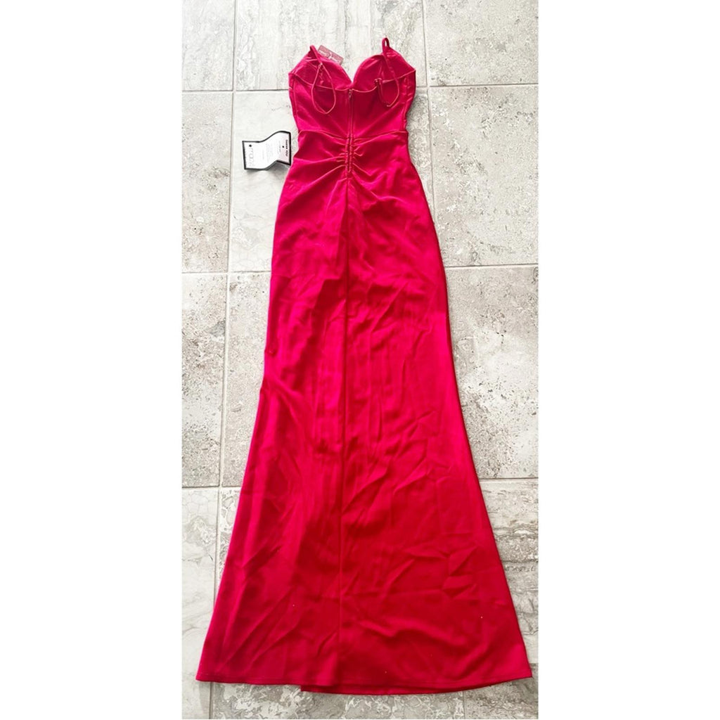Emerald Sundae Ruched Side-Slit Slim Gown in Red, Size XS NEW w/Tag