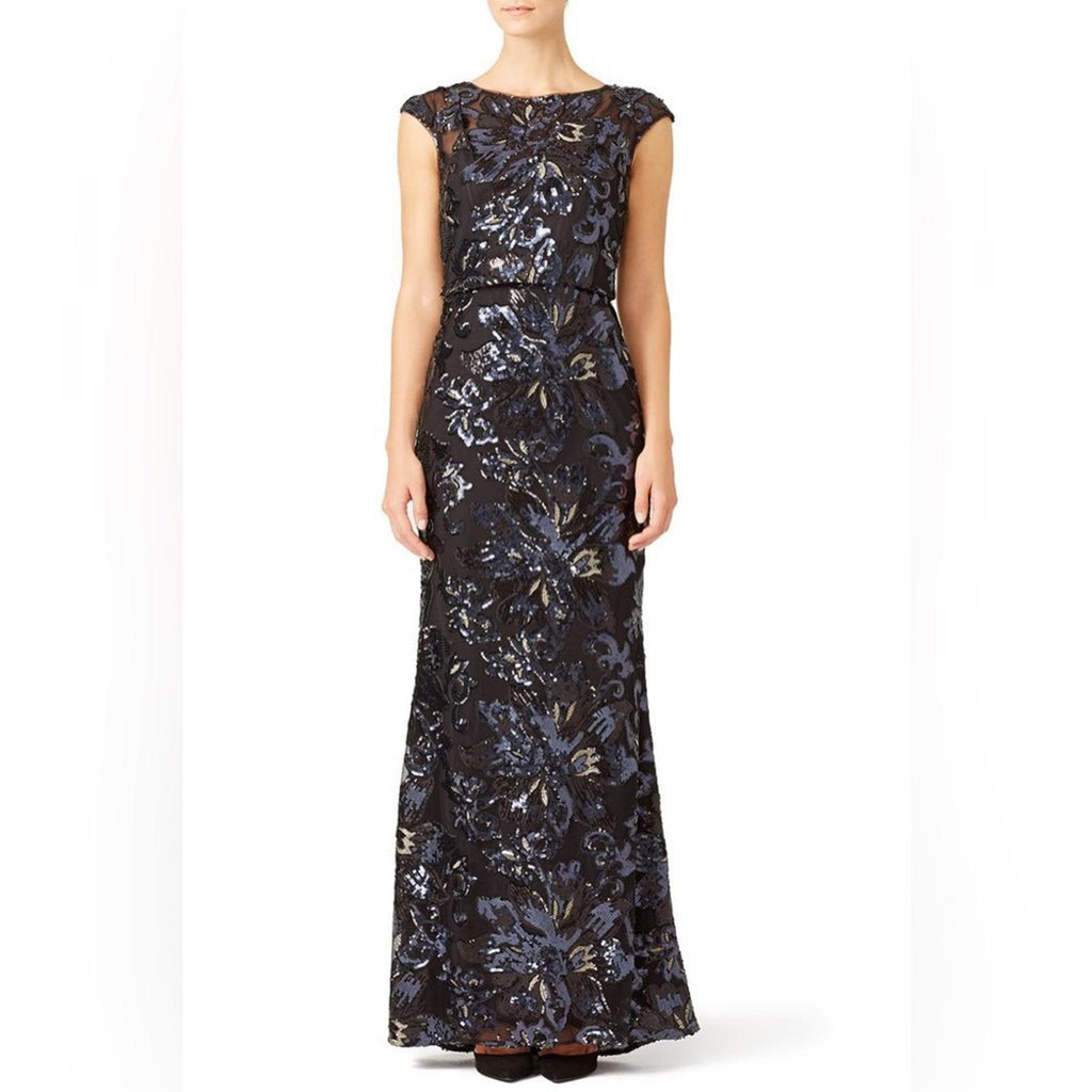 Badgley Mischka Midnight Swirl Long Formal Dress, Black Silver Size 10 $850