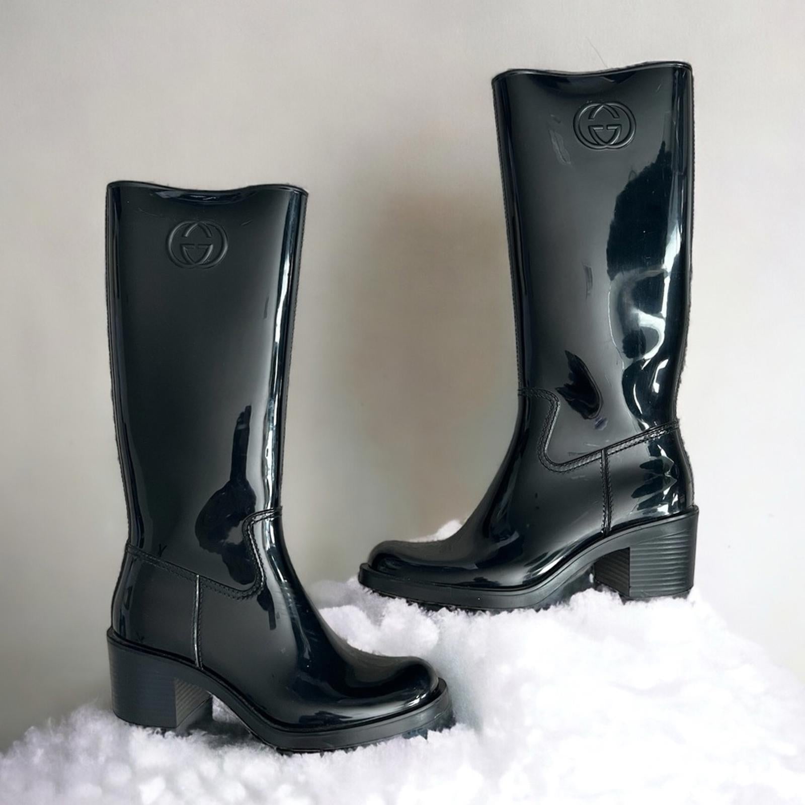 GUCCI Interlocking G Rubber Mid-Calf Rain Boots, Black Size 37 EXCELLENT!
