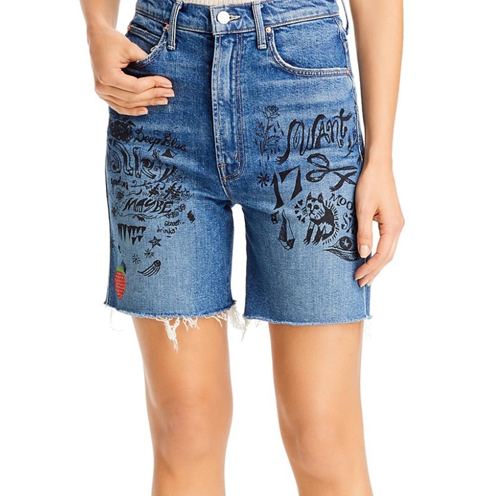 Mother High-Waisted Smokin’ Short Fray Jeans w/Strawberry Patch, Size 26 NWT