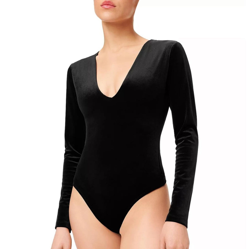 Good American Velvet Deep V-Neck Bodysuit, Black Size 4 (XL) New w/Tag