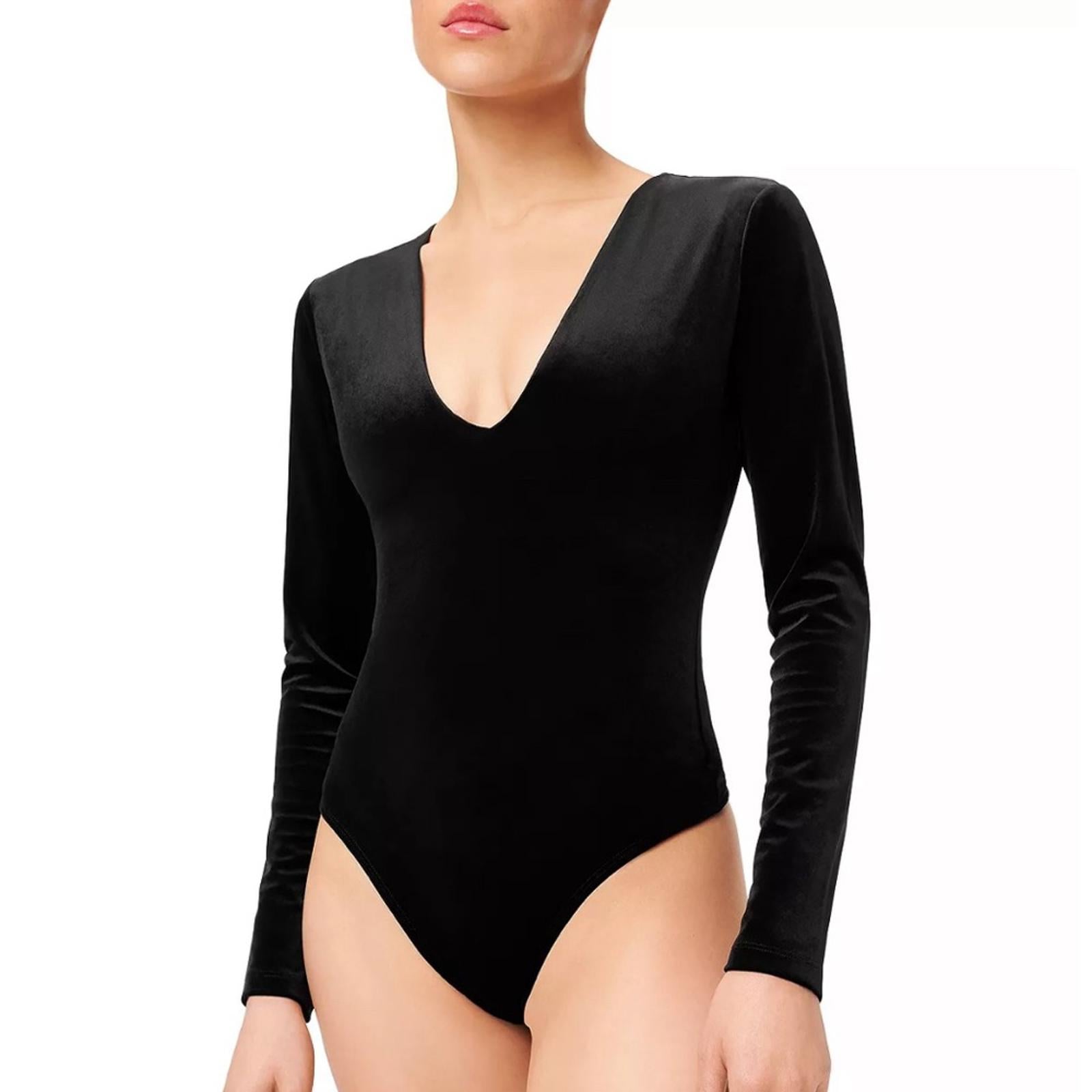 Good American Velvet Deep V-Neck Bodysuit, Black Size 4 (XL) New w/Tag