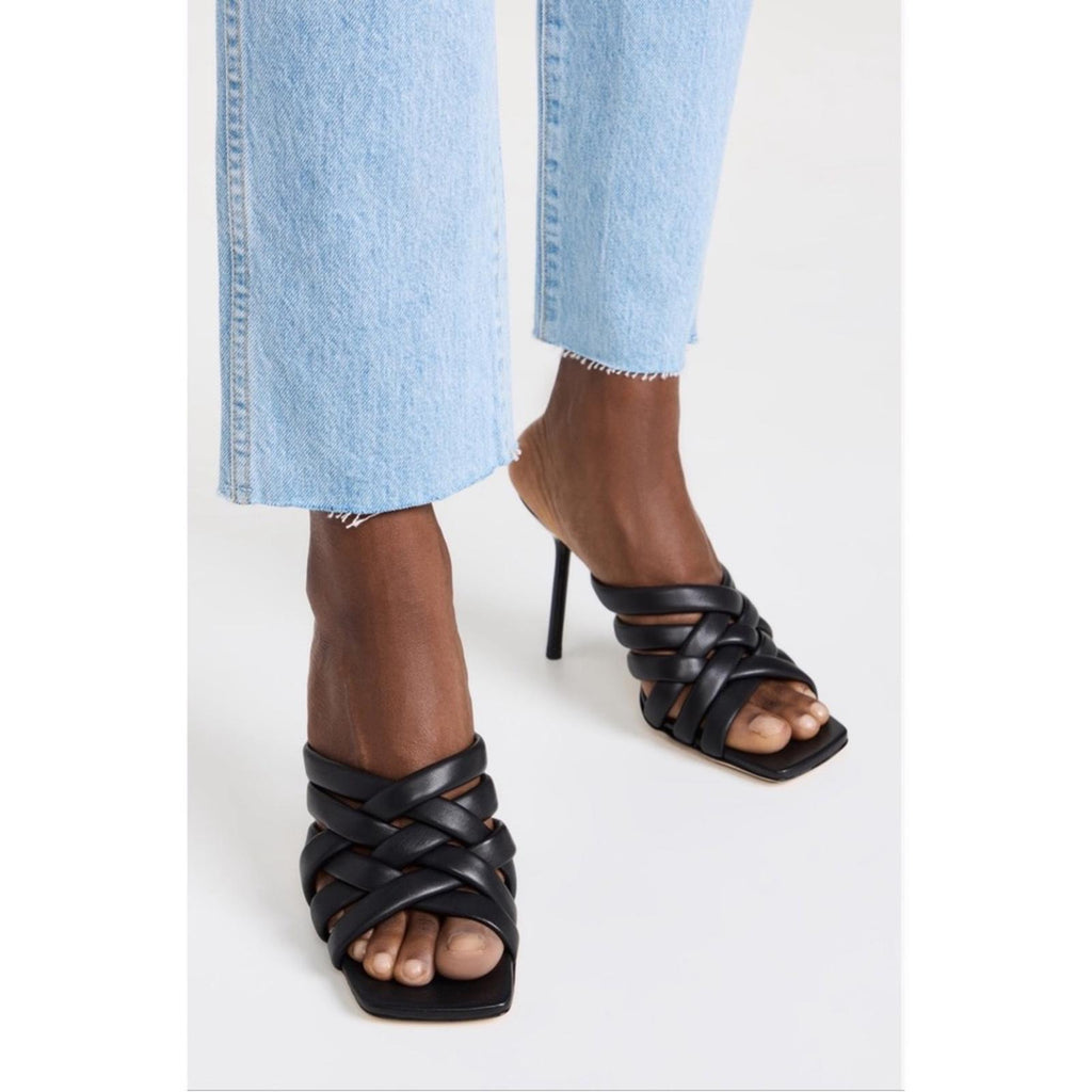 New STAUD Deepwater Square Toe Woven Strappy High Heel Sandals, Black Size 39.5