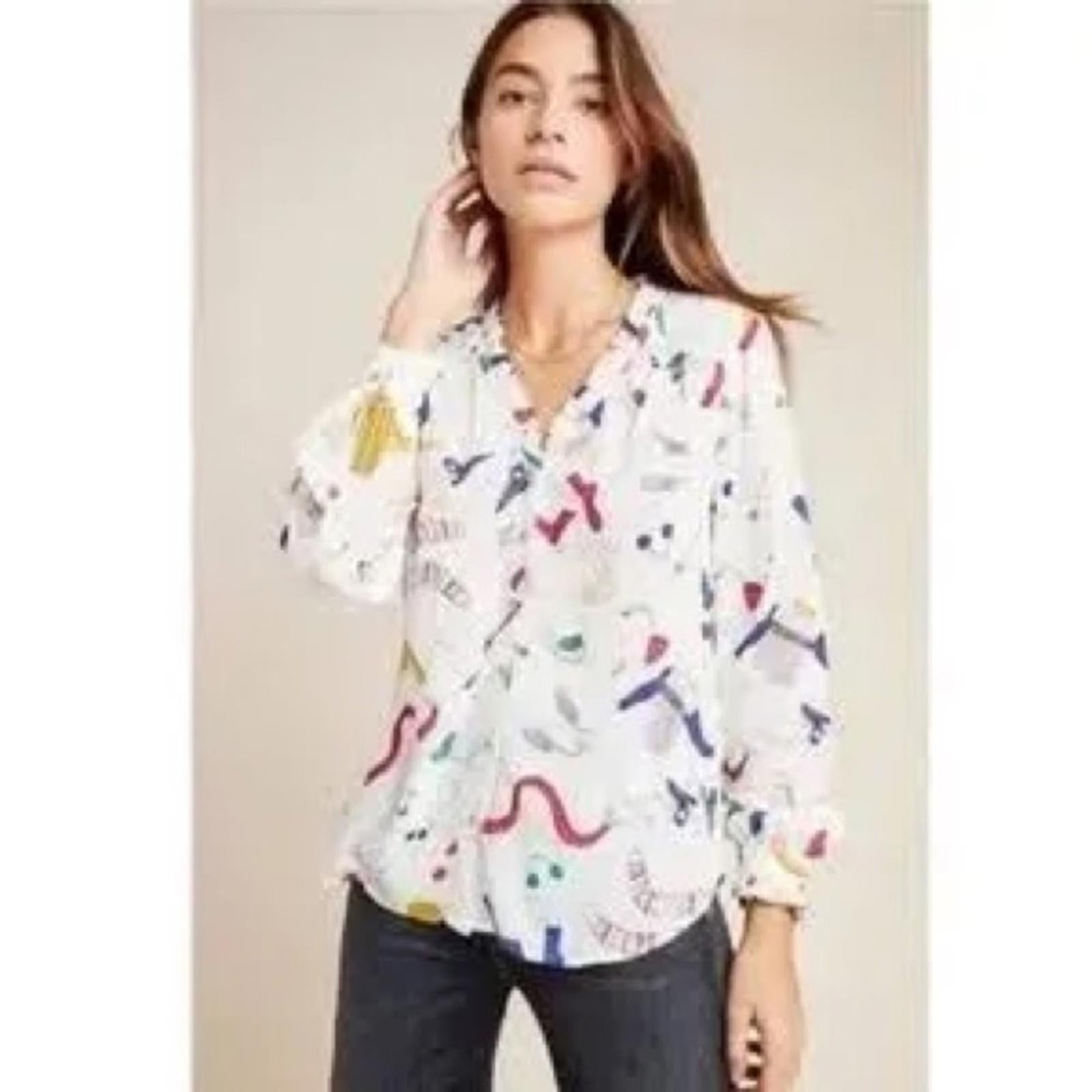 Anthropologie’s Maeve Marisol Ruffled Winter Ski Print Blouse, Size 8