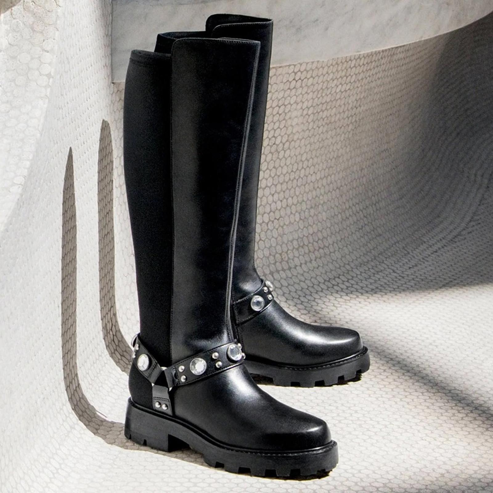 Karl Lagerfeld Milla Tall Leather Lug Sole Riding Boots in Black, Size 8 NEW