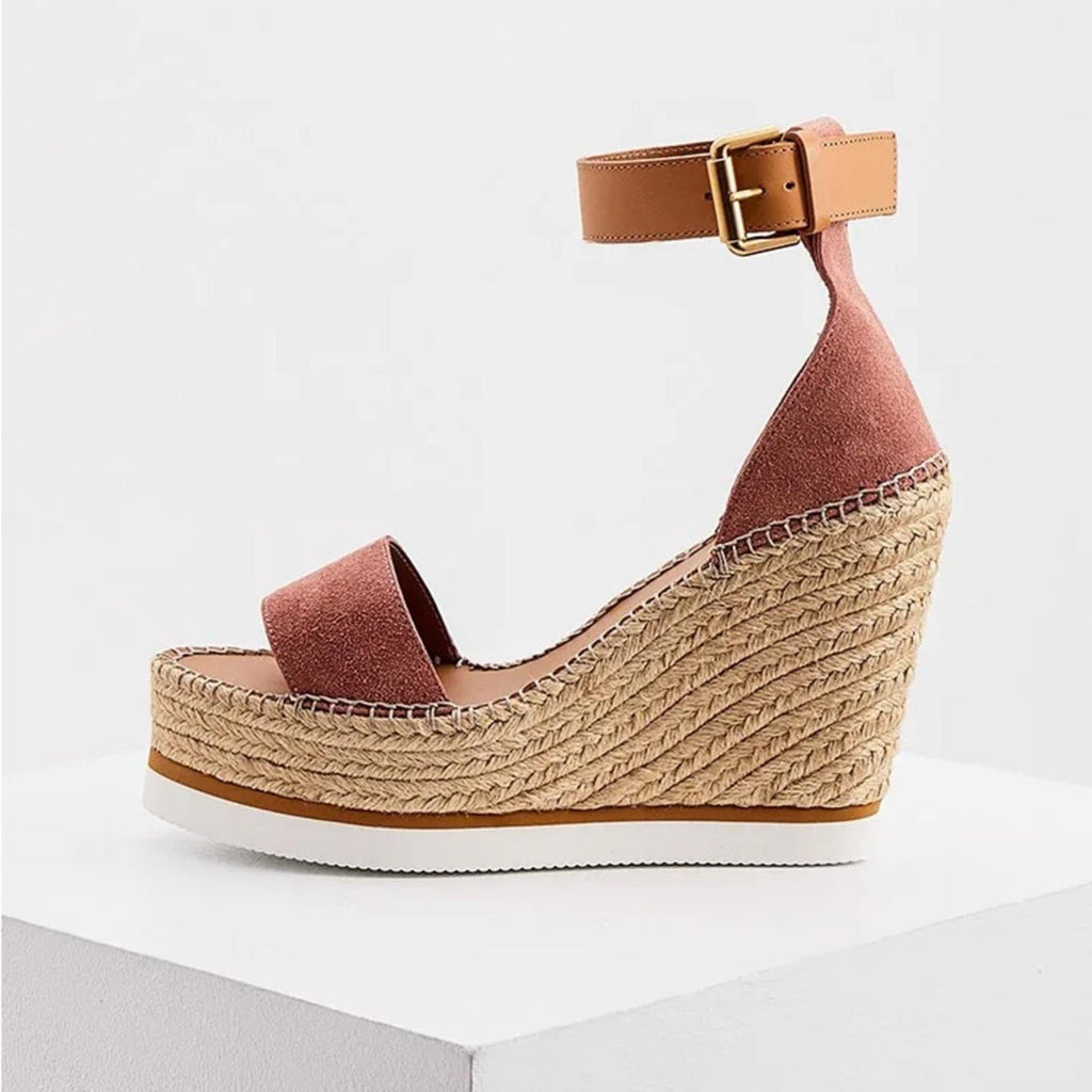See by Chloé Glyn Calf Leather Espadrille Platform Wedge Sandals, Size 42 NWT