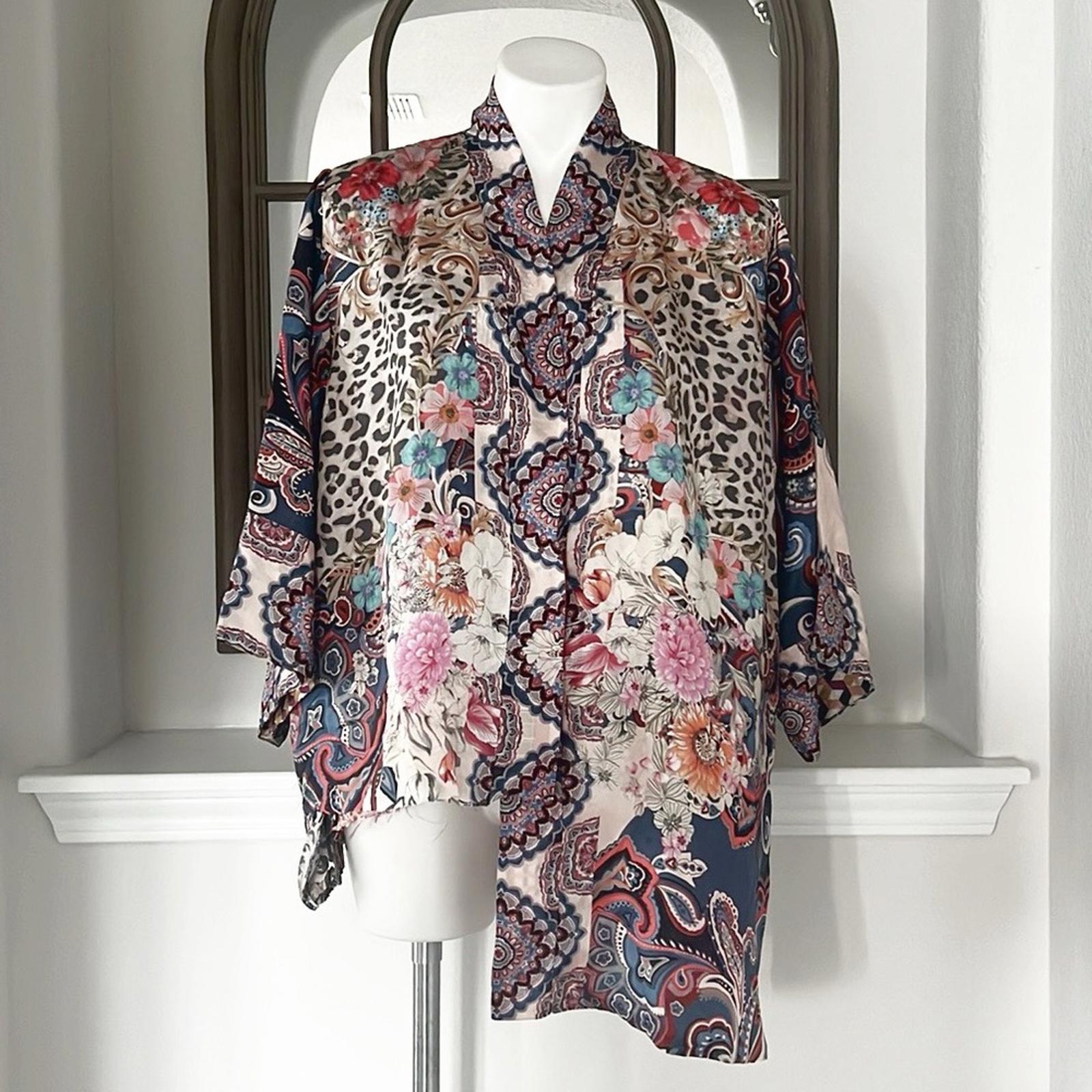 Johnny Was Betzy Emilia Paisley Print Silk Kimono, Size L New w/Defect $420