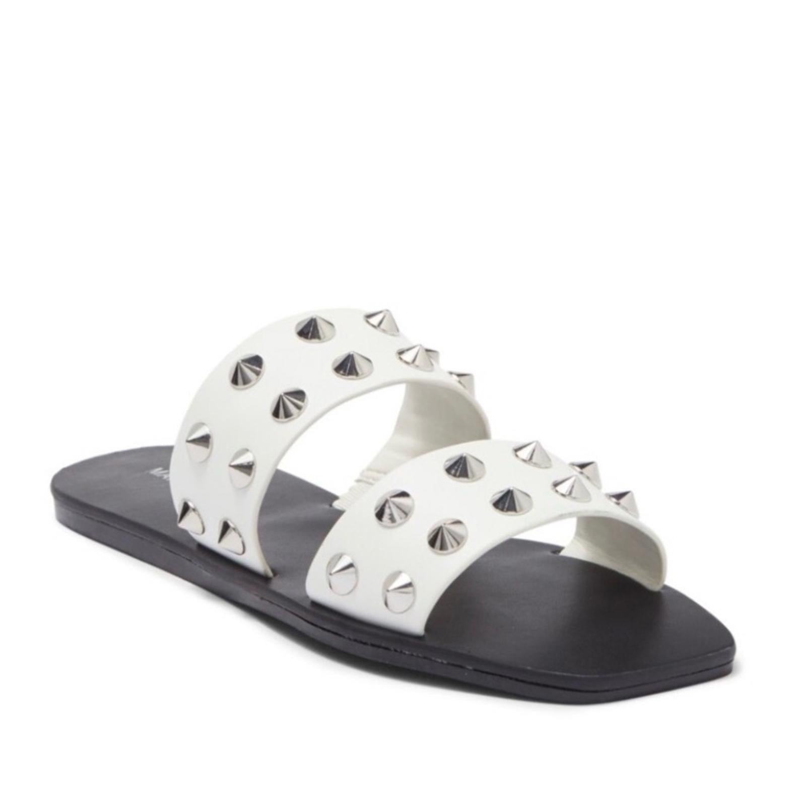 Marc Fisher Bolive Studded Slides Flat Sandals in White/Black, Size 7.5
