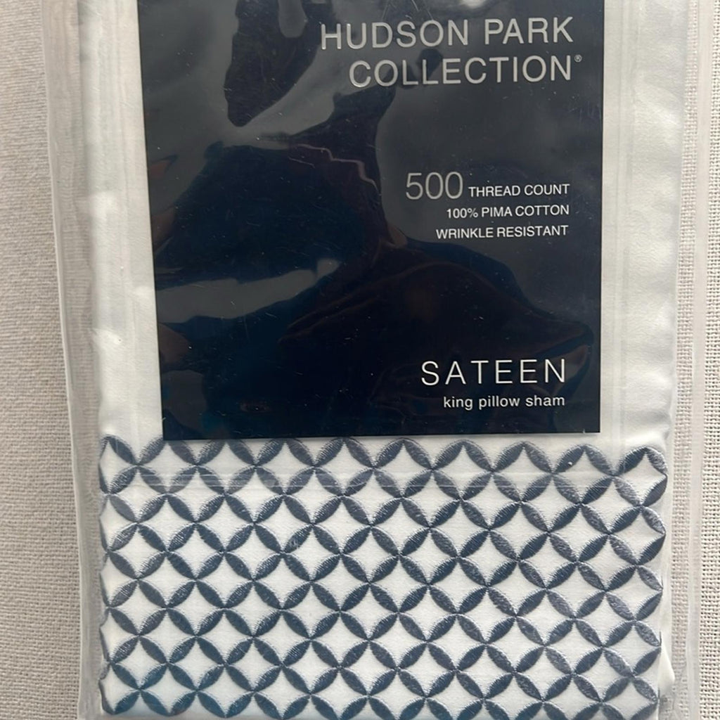 Hudson Park Collection Embroidered Geo King Sham, 500 Thread Count, White/Blue