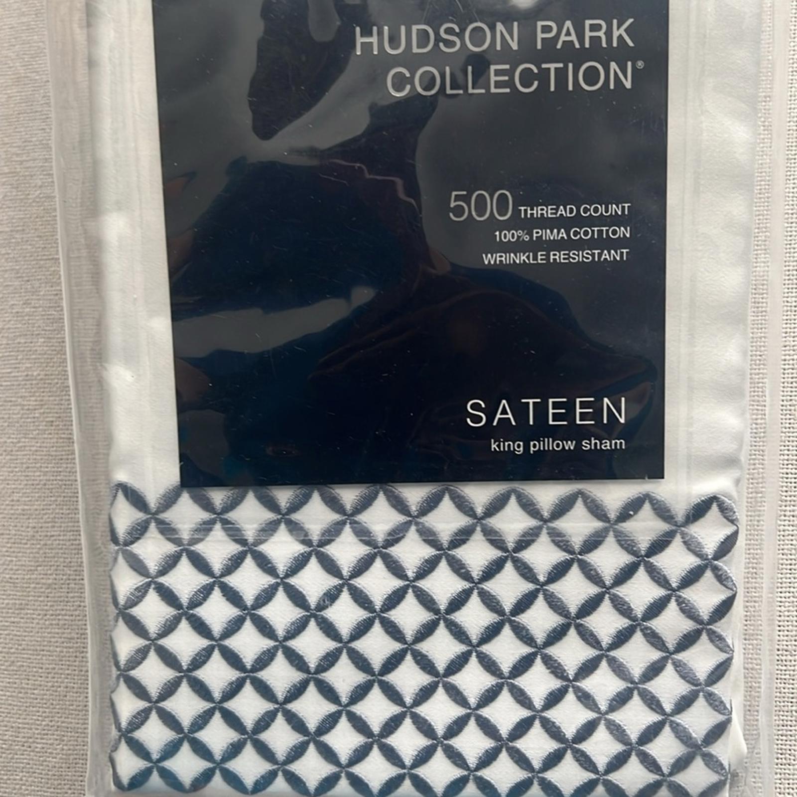 Hudson Park Collection Embroidered Geo King Sham, 500 Thread Count, White/Blue