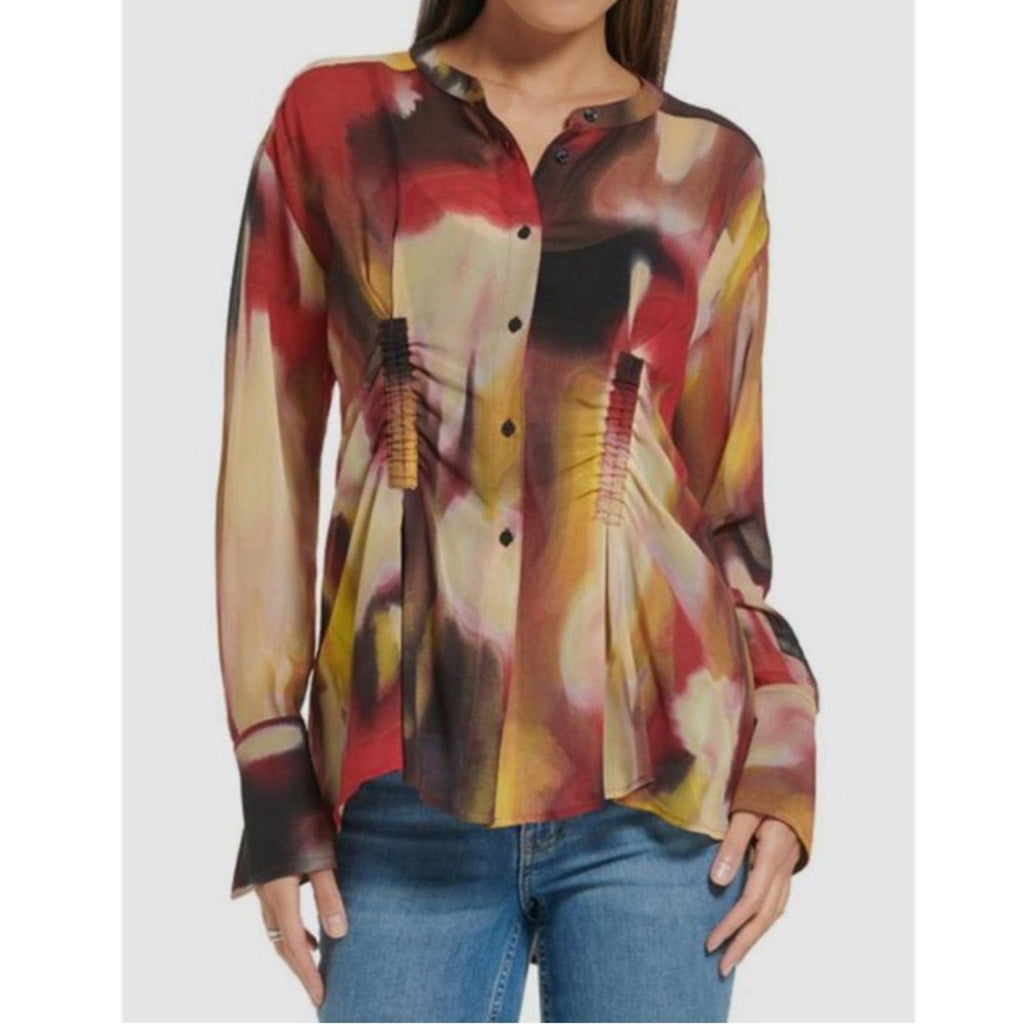 Calvin Klein Beige Ruched Waist Printed Tunic Button-Up Top, NWT, Size S