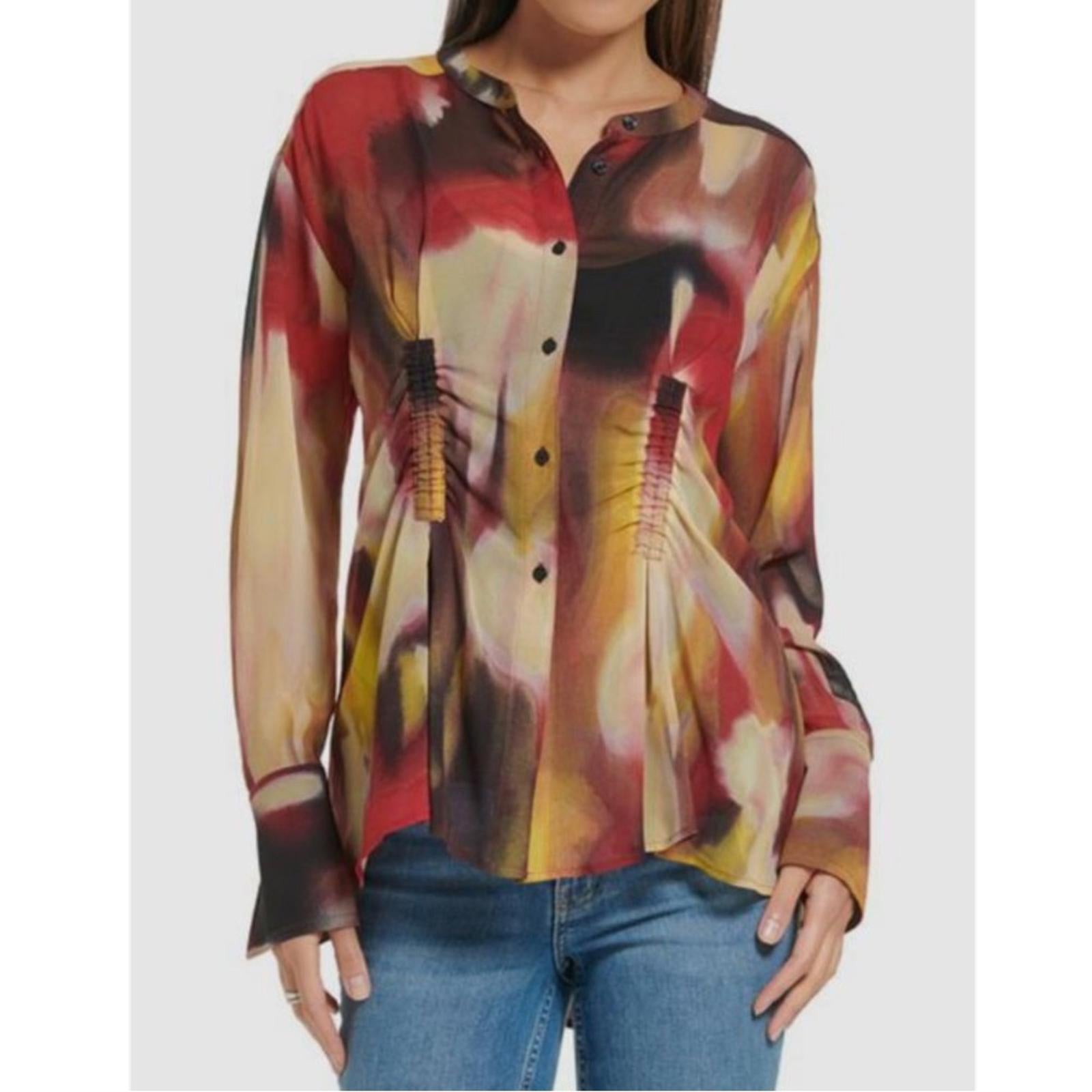 Calvin Klein Beige Ruched Waist Printed Tunic Button-Up Top, NWT, Size S