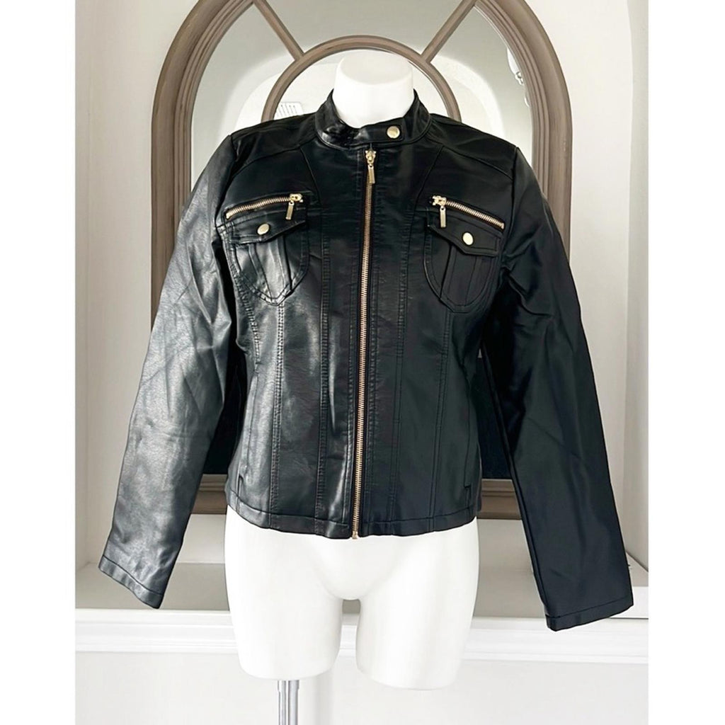NEW LOOK Faux Leather Jacket in Black+Gold Tone Hardware, Size XL  New w/o Tag
