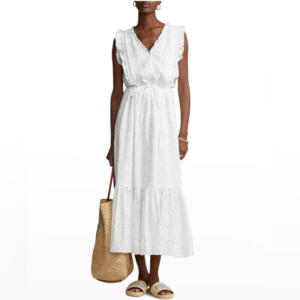 Polo Ralph Lauren Linen Ruffled Eyelet Midi Dress, White Size 4 New w/Tag $398