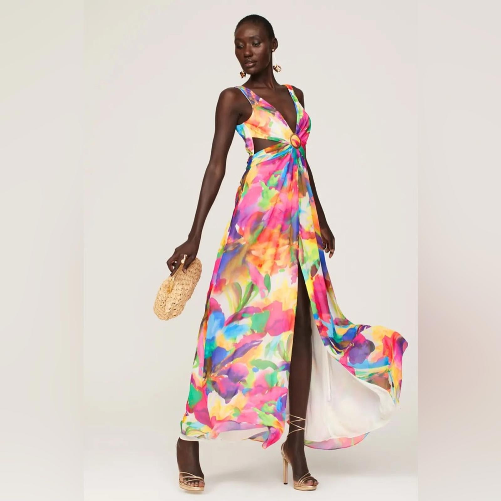 Liv Foster Side Cut-Out O-Ring Dress V-Neckline Sleeveless Gown Size 2 NEW w/Tag
