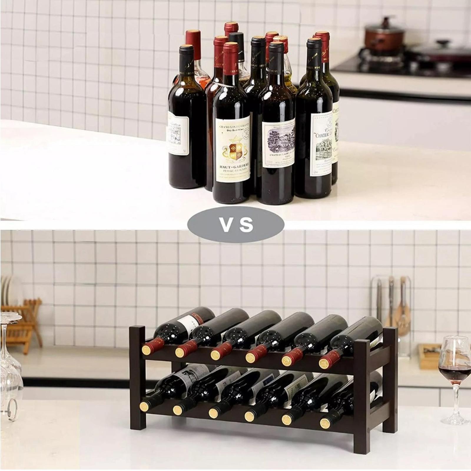 VASAGLE 12-Wooden Wine Rack, 2-Tier Tabletop Bottles Storage Shelf, Espresso