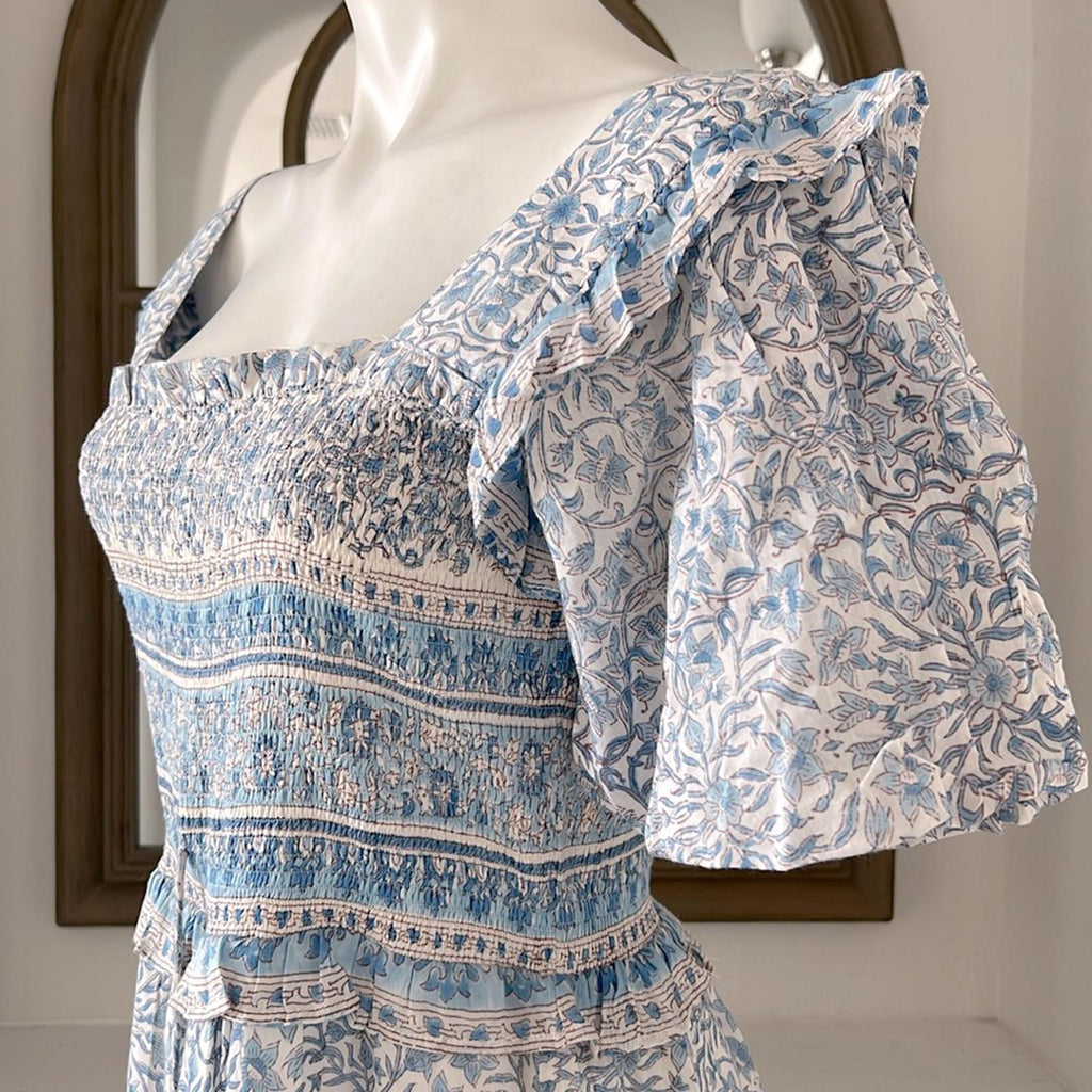 Bell Ashley Ruffled Puff Sleeve Midi Dress in Blue White, Size XL New w/Tag $408