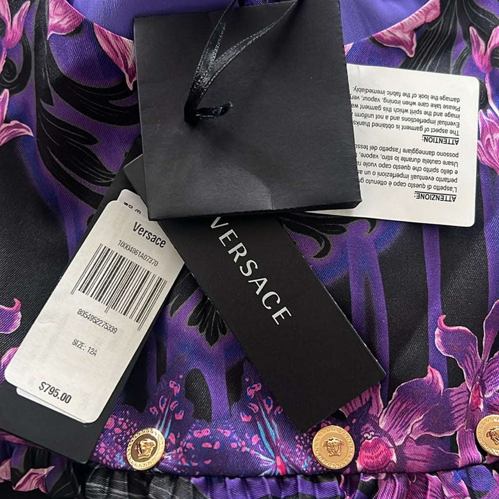 Versace Orchid Barocco Kids Pleated Dress, NWT, Girls Size 12 Retail $795