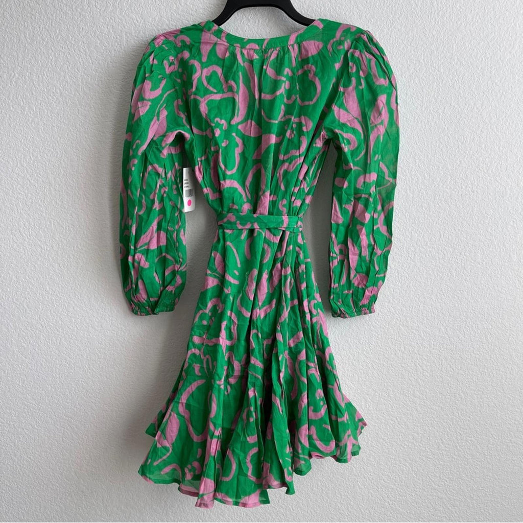 Velvet Kiki Short Tie-Belt Printed Cotton Dress in Green/Link, Size XS NWT
