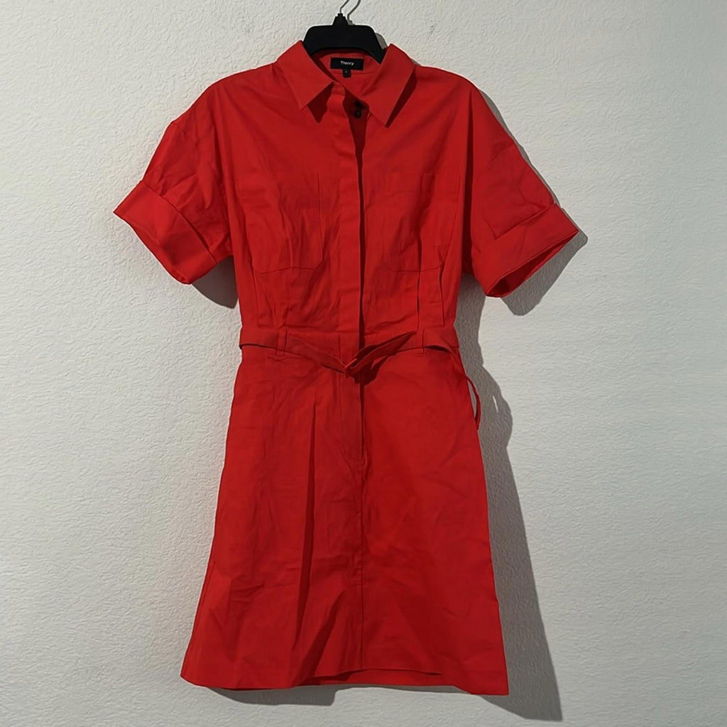 Theory Linen-Blend Eco Crunch Belted Casual Shirt Dress Poppy Red, NWT, Size 4