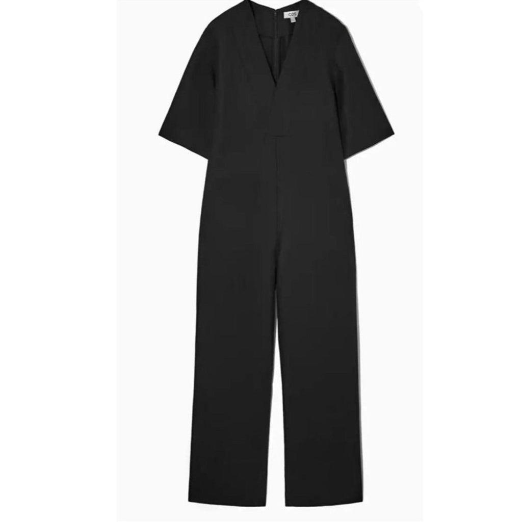 COS Linen-Blend V-Neck Short Sleeved Wide-Leg Jumpsuit,  Black Size 12 EXCELLENT