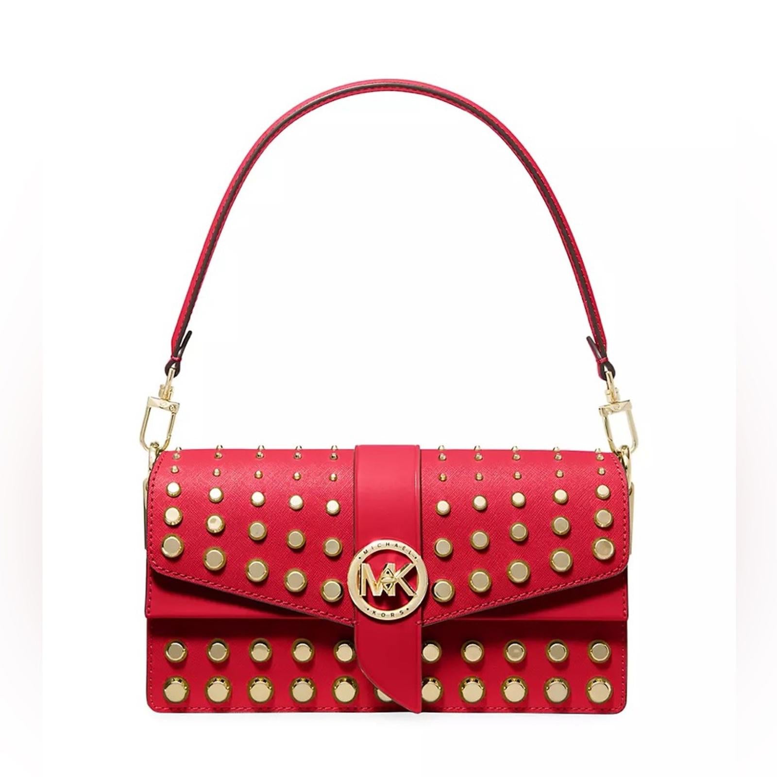 Michael Kors Studded Leather Convertible Shoulder Bag, Red NWT Retail $498