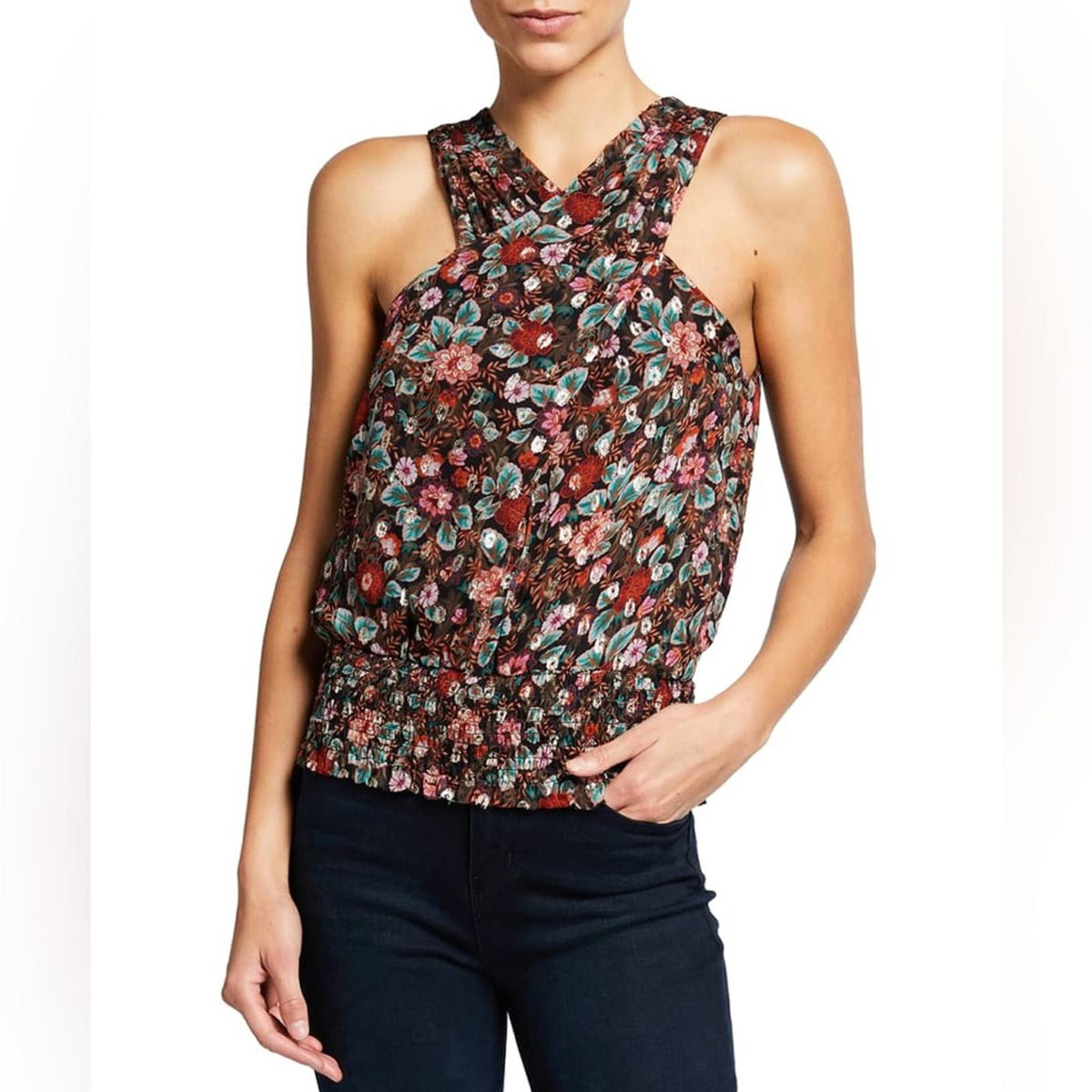 Ramy Brook Lorenza Floral-Printed Metallic Halter Top, Size L New w/Tag $295