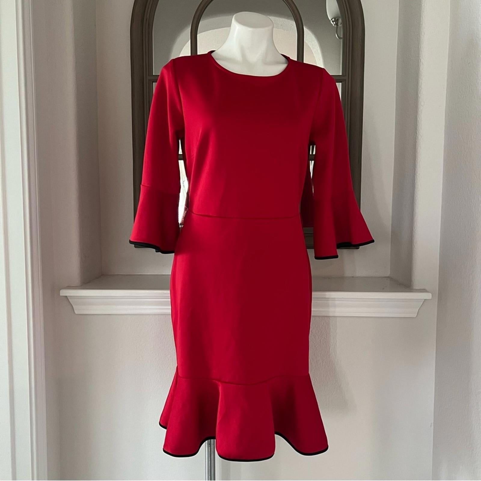 NY & Co Stretch Red Bell-Sleeve Dress w/Black Trim, Size M