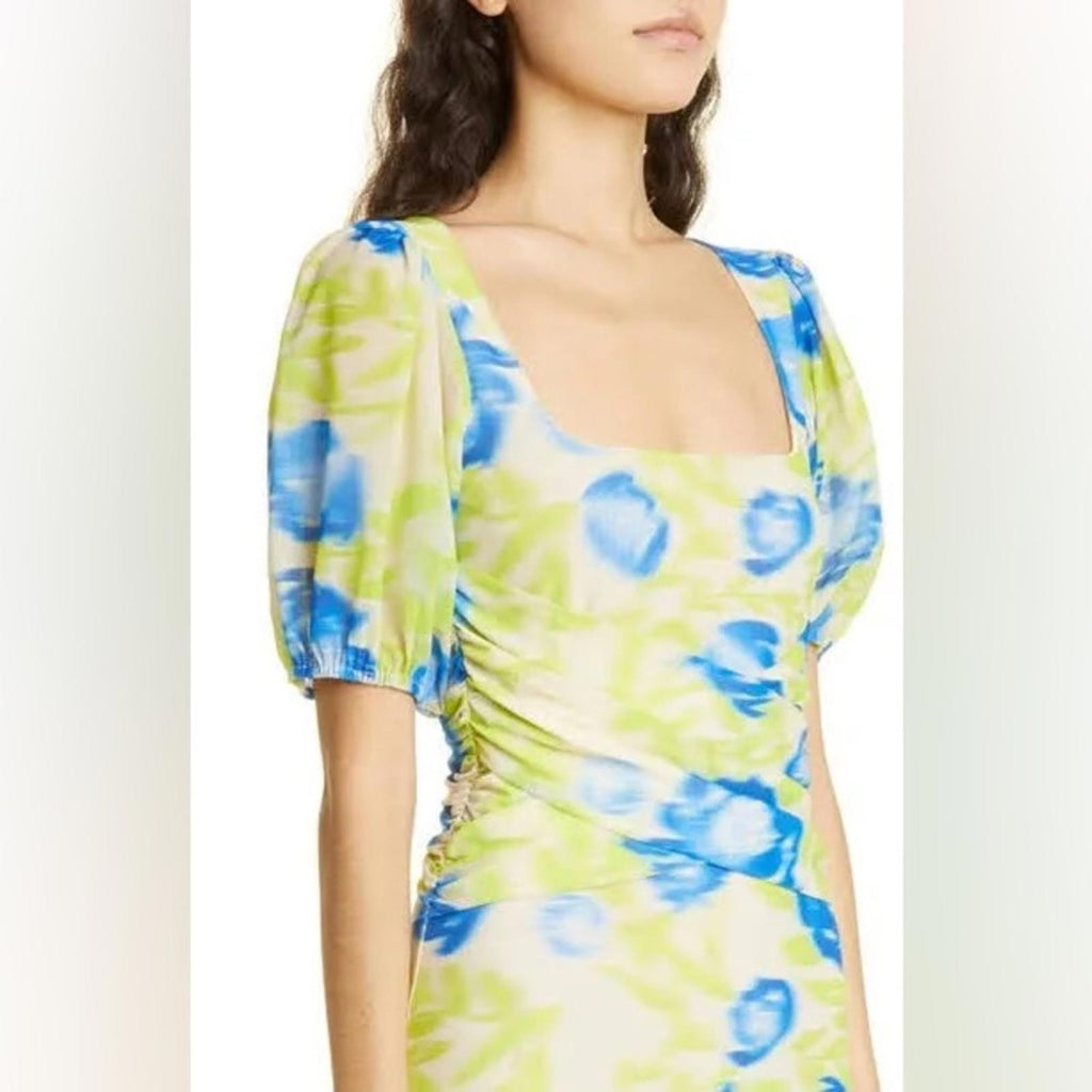 GANNI Crisscross Abstract-Printed Mesh Puff-Sleeve Midi Dress New w/Tag $445