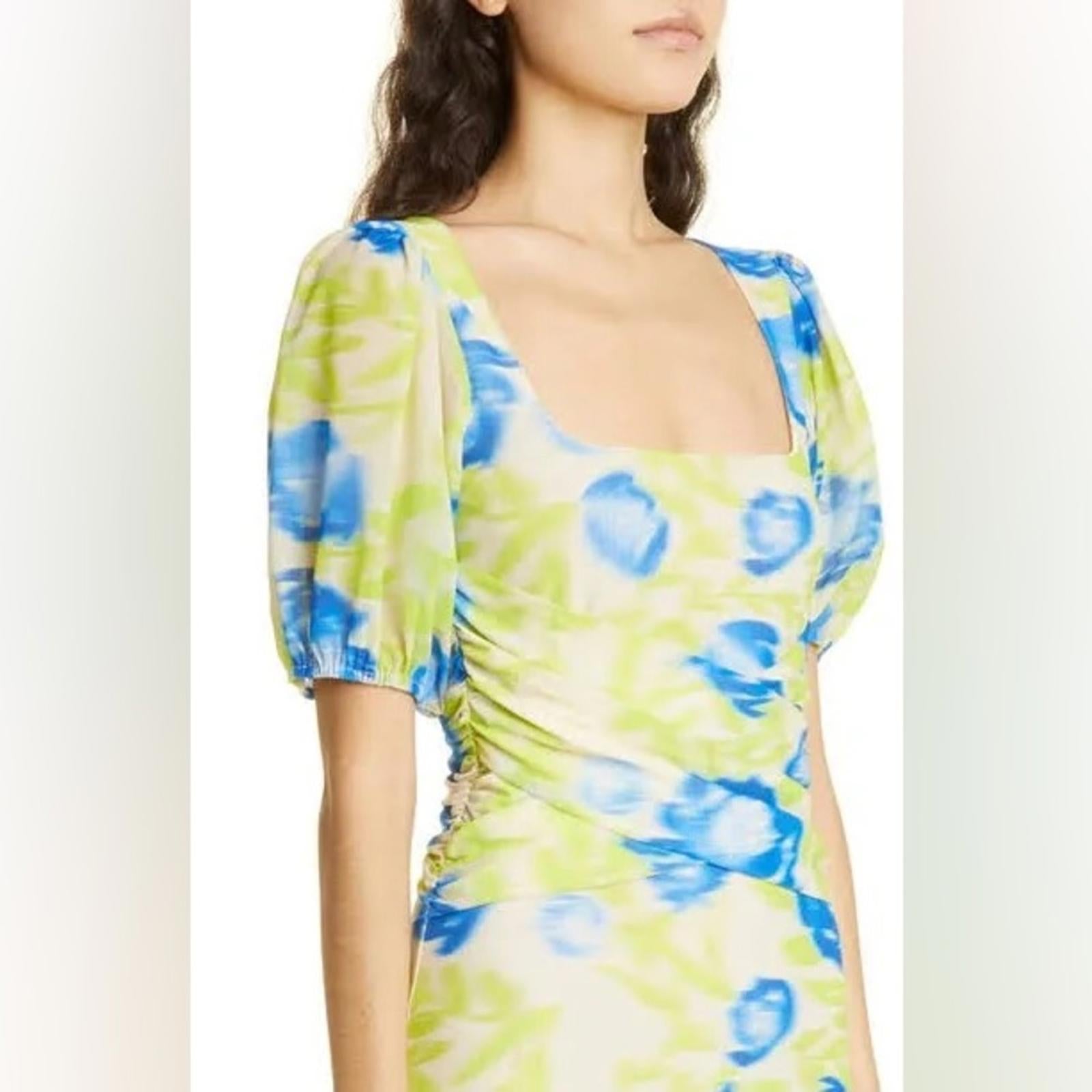 GANNI Crisscross Abstract-Printed Mesh Puff-Sleeve Midi Dress New w/Tag $445