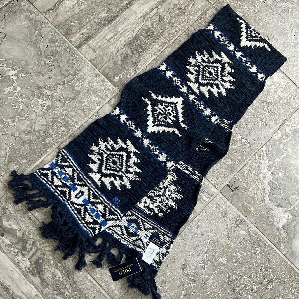 Polo Ralph Lauren Wool & Nylon Geometric Ski Scarf, Navy One Size New with Tag