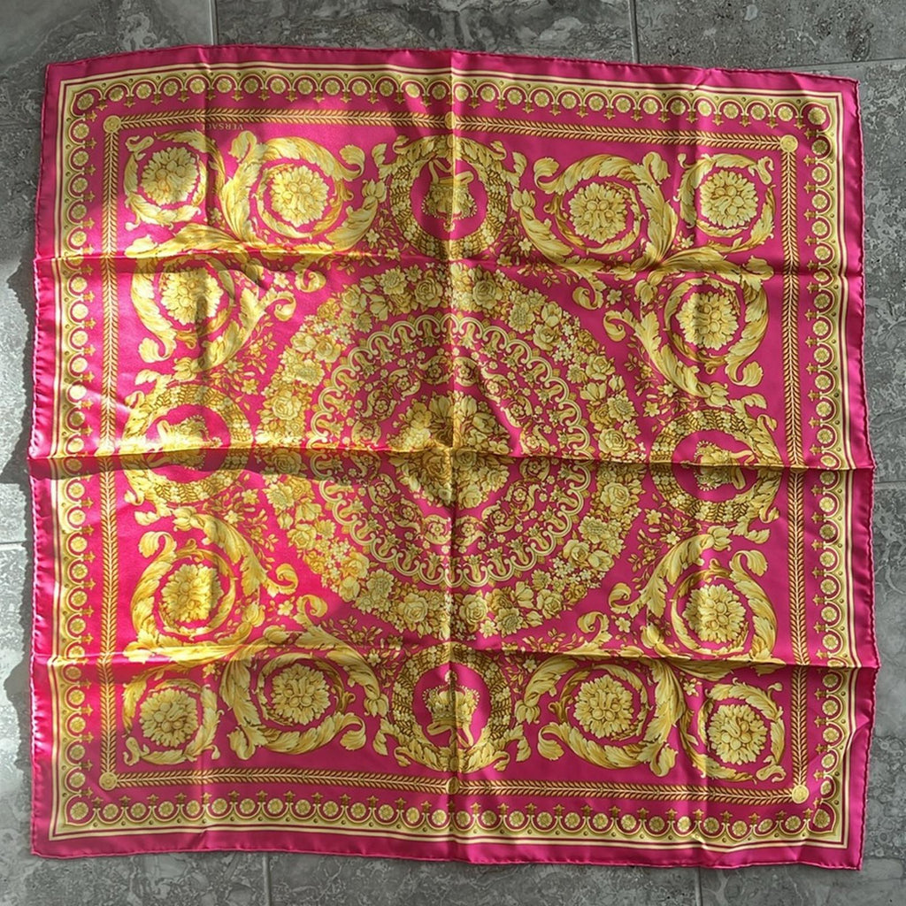 NEW Versace Barocco Print Silk Scarf Foulard, Pink/Gold  Size 36”x35” New $575