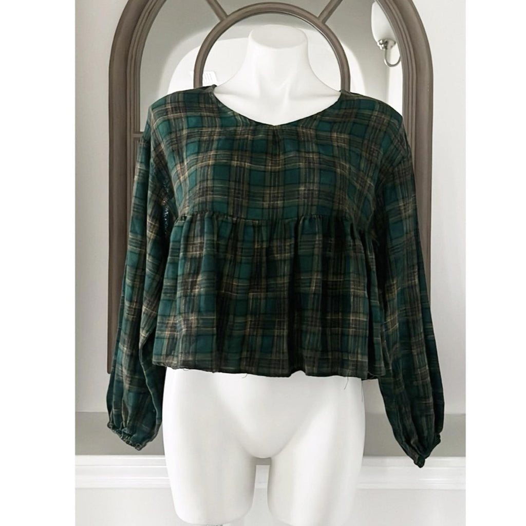 Chelsea & Violet Plaid Peplum Cropped Top in Olive, Size XS New w/Tag