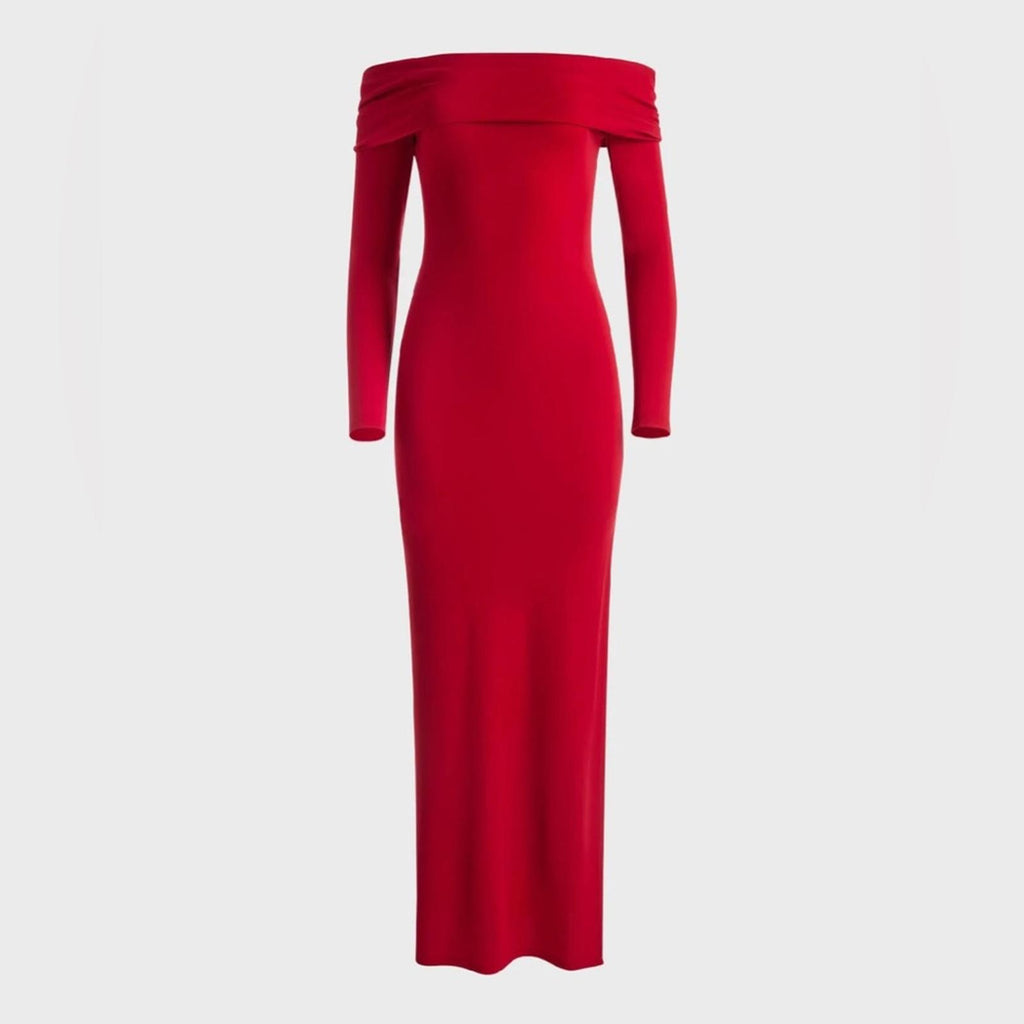 Alice+Olivia Coretta Off-the-Shoulder Long Sleeve Maxi Dress in Red, NWT, Size L