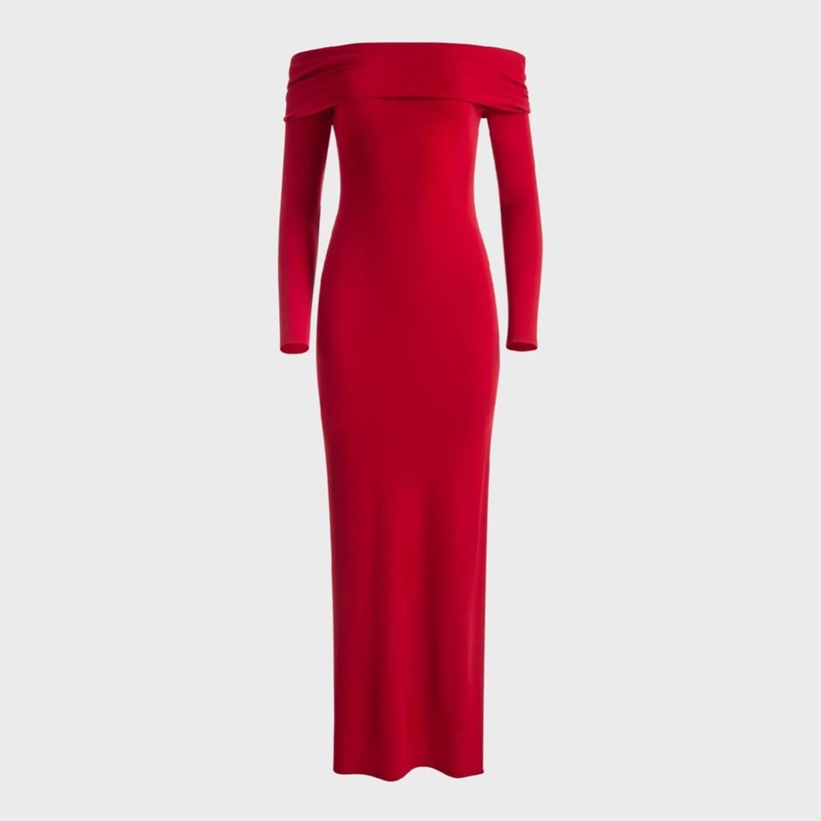 Alice+Olivia Coretta Off-the-Shoulder Long Sleeve Maxi Dress in Red, NWT, Size L
