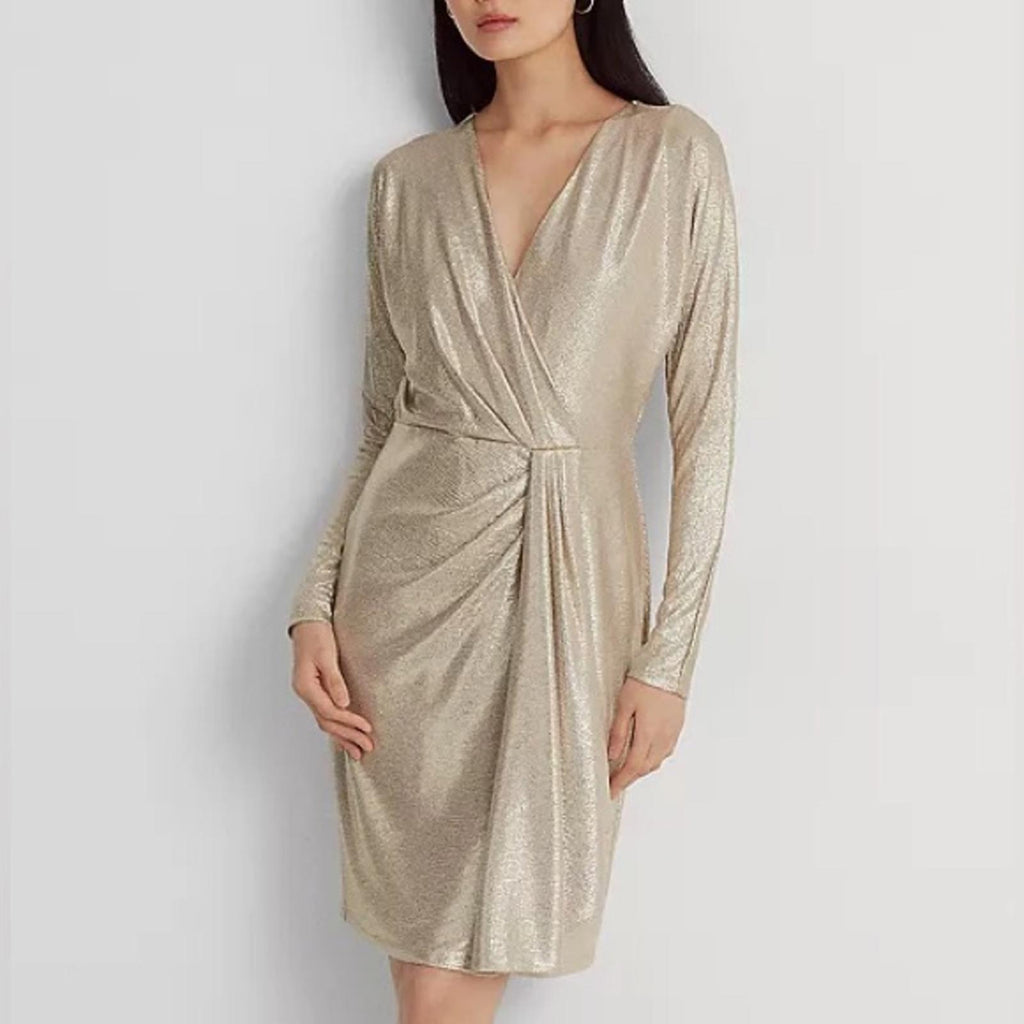 Lauren Ralph Lauren Metallic Stretch Knit Cocktail Dress in Tan/Gold, Size 8 NWT