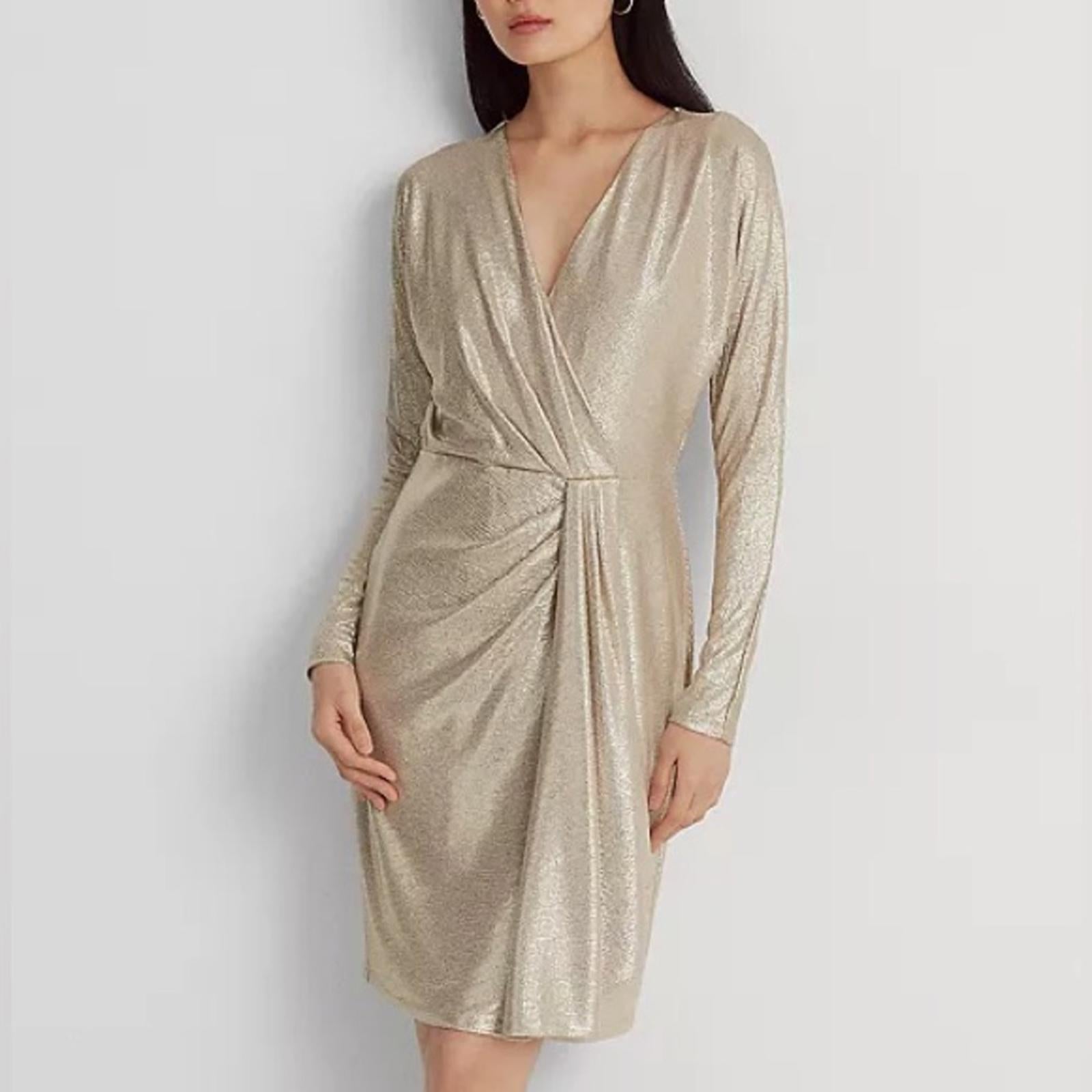 Lauren Ralph Lauren Metallic Stretch Knit Cocktail Dress in Tan/Gold, Size 8 NWT