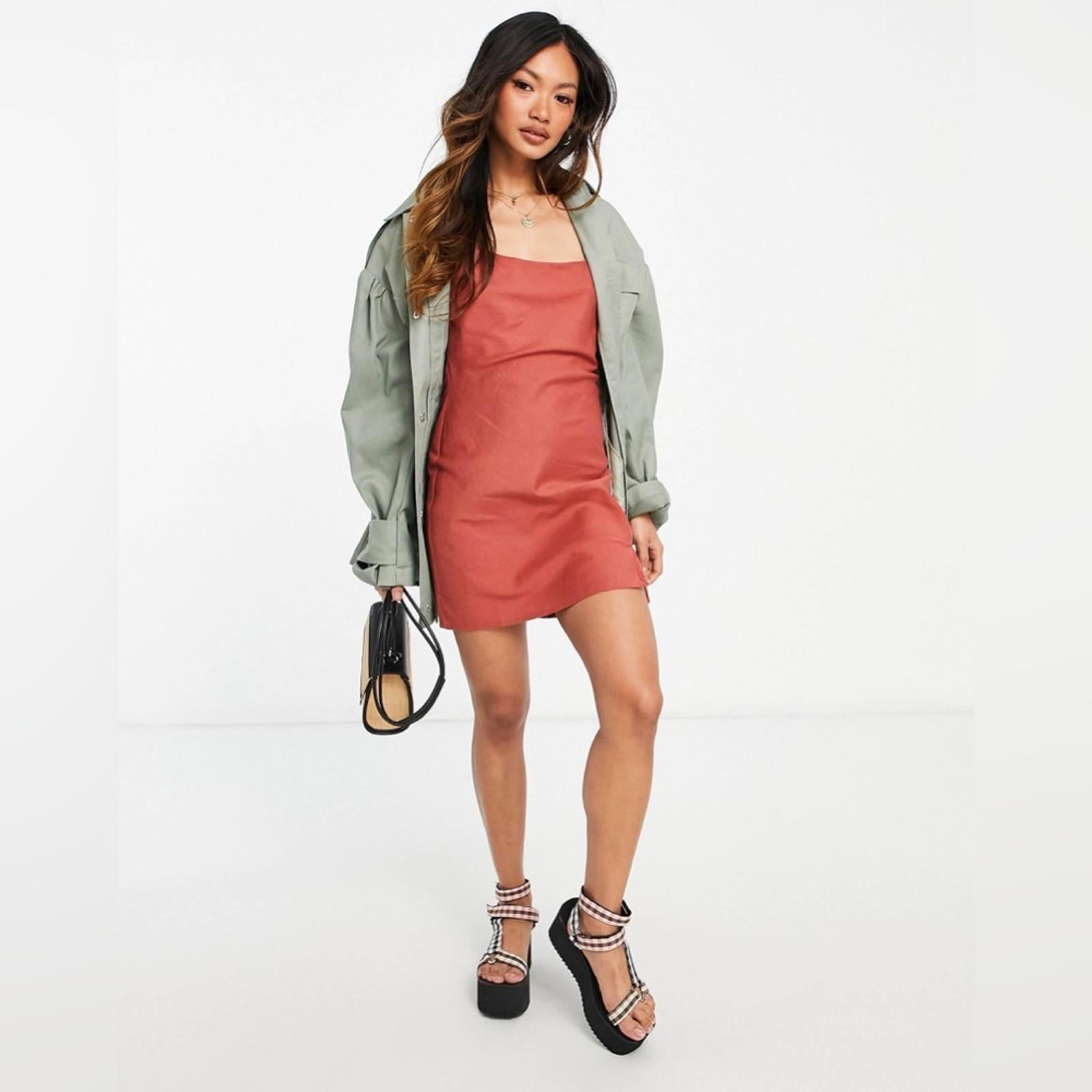 ASOS DESIGN Linen Cami Mini Sundress in Rust, Size UK 10/ US 6 New in Packaging