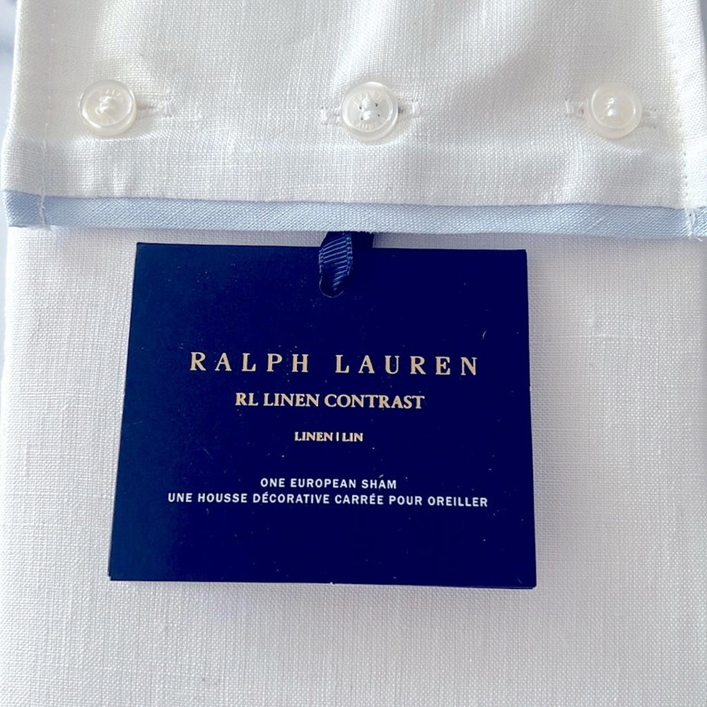 Ralph Lauren RL Linen Contrast Euro Sham in White/Sky New w/Tag $185