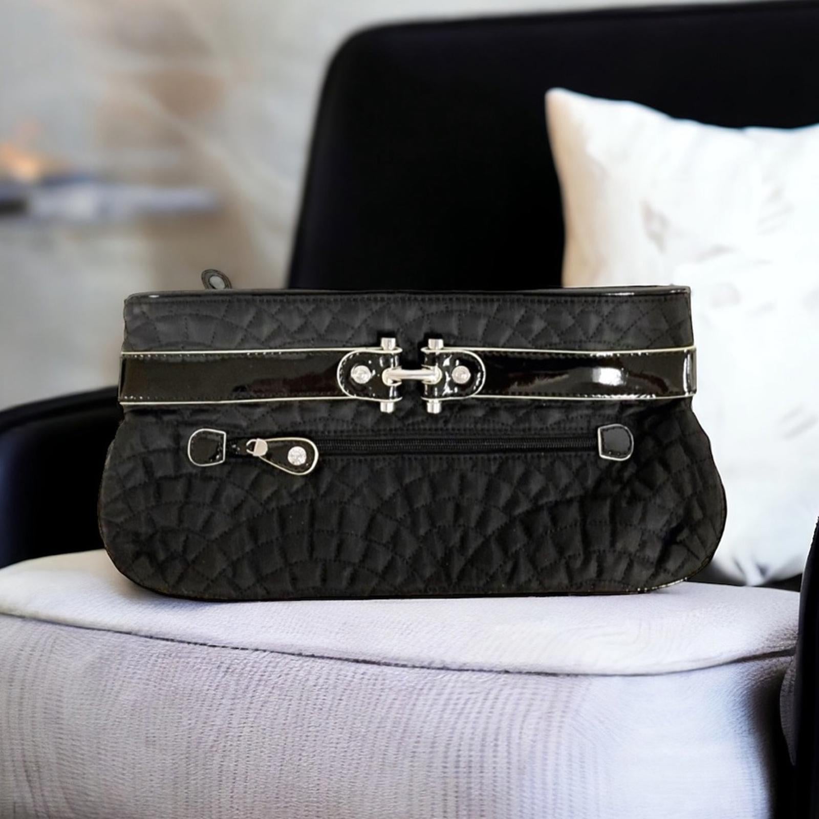 Vera Bradley Quilted Clutch Black Patent Leather Purse with Silver Tone Accents