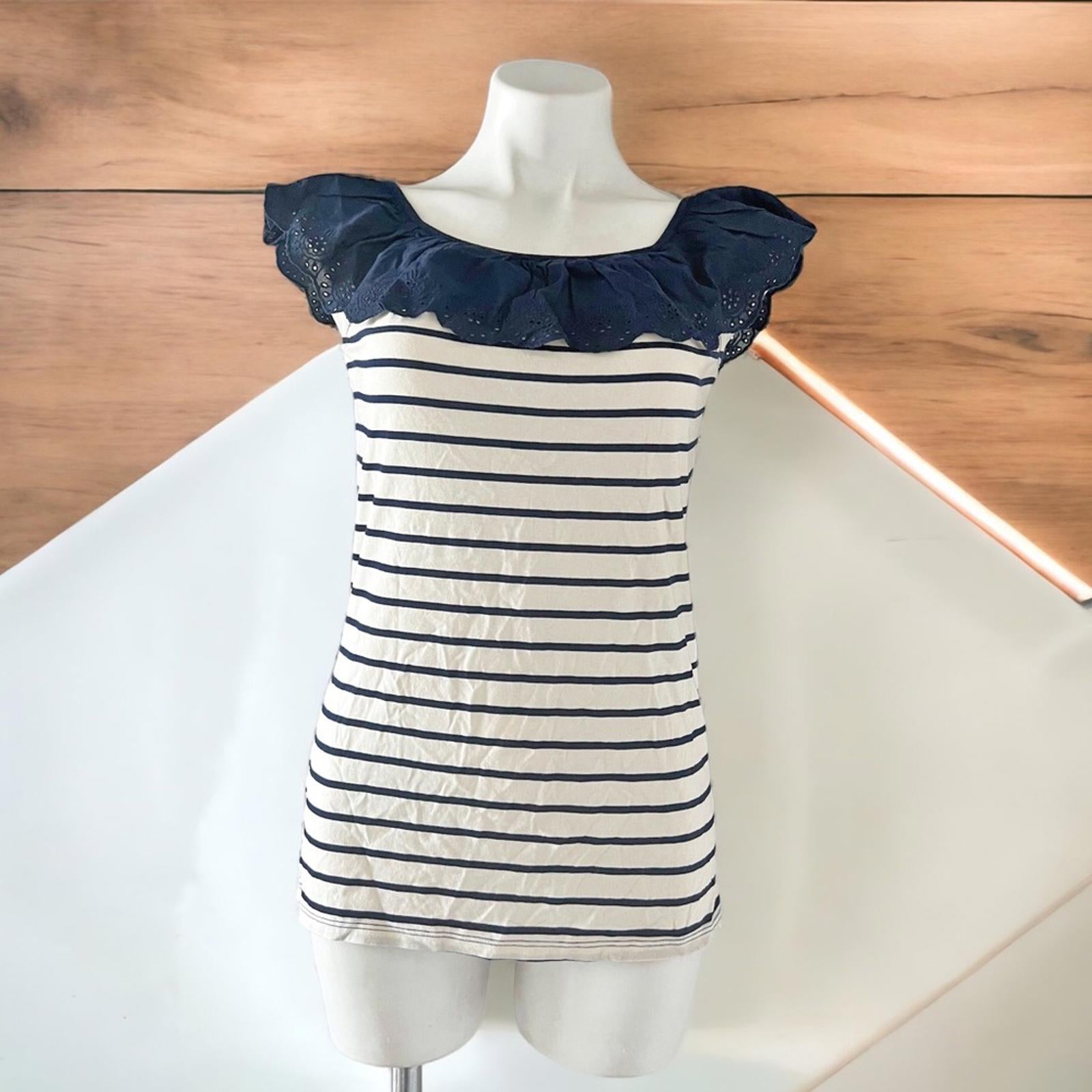 Lauren Ralph Lauren Striped Eyelet Ruffle Top, Cap Sleeve Round Neck Size XL NWT