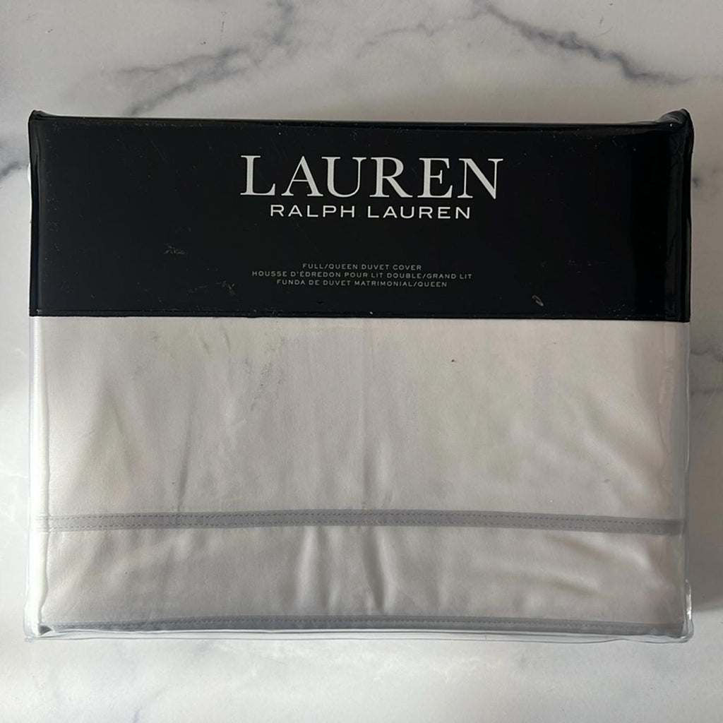 Lauren Ralph Lauren Spencer Sateen Border Queen Duvet Cover Soft Grey New w/Tag