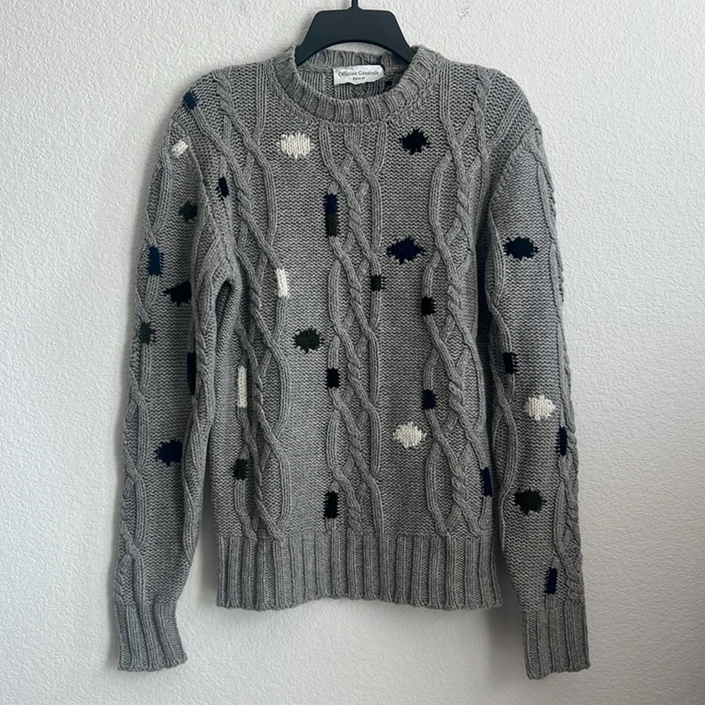 Officine Générale Marco Cable Knit Intarsia Sweater, Size S, NEW (Made in Italy)