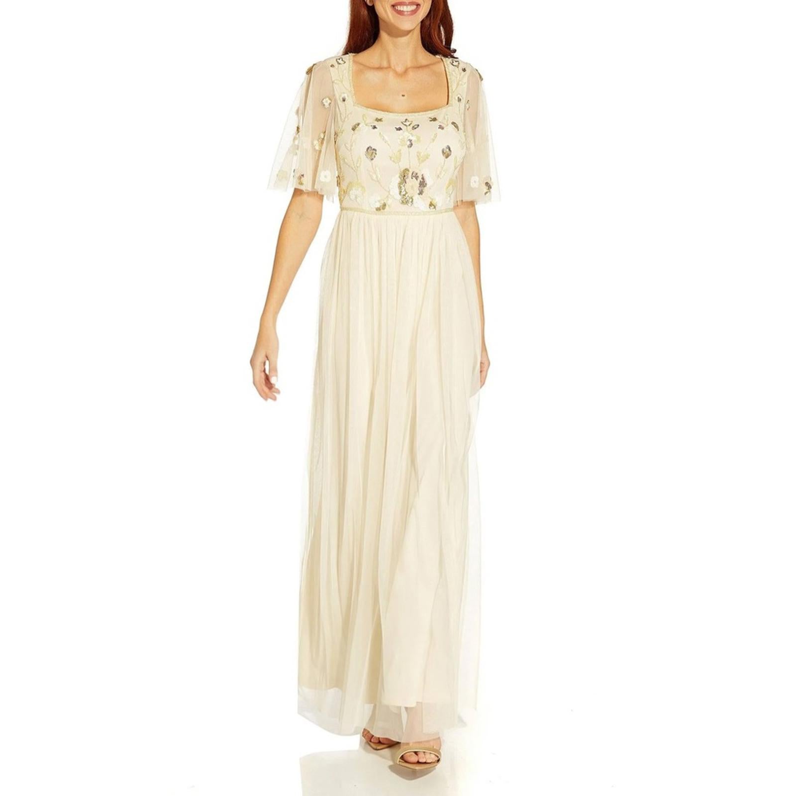 NWT Adrianna Papell Beaded Long Dress, Sand Shell Size 8 New w/Tag Retail $279