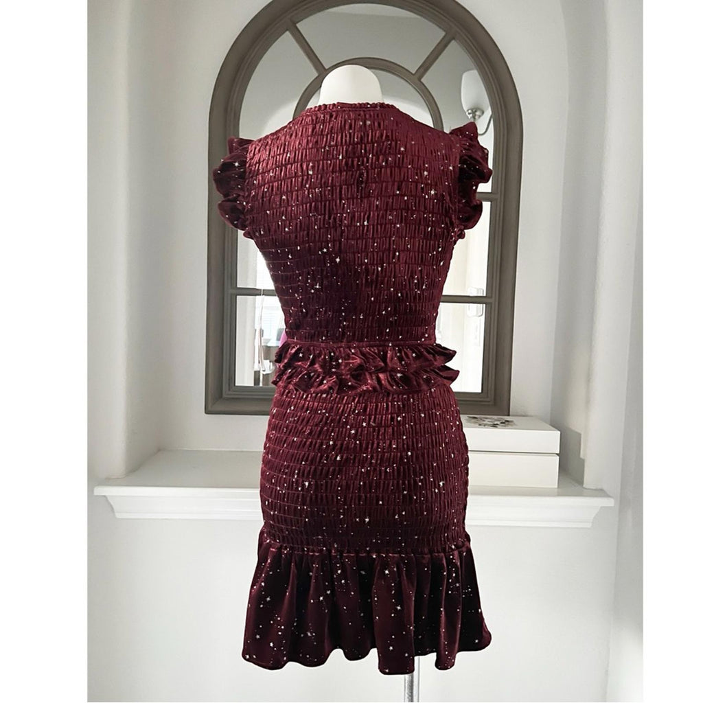 Aqua Velvet Smocked Mini Dress in Burgundy w/Star Print, Size S New w/Tag $88