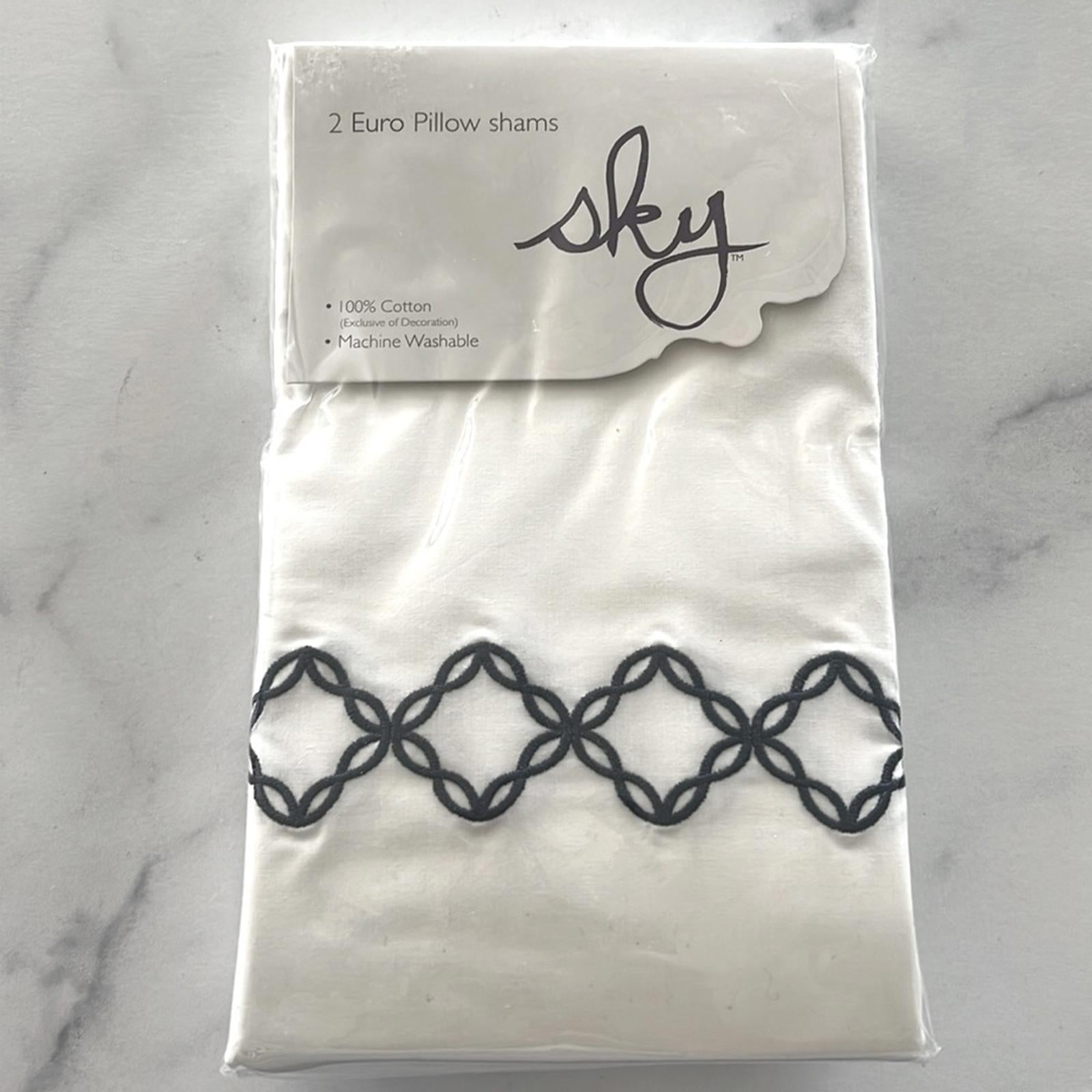 2 SKY Embroidered Percale Euro Shams (1Pair) in White/Navy, NEW $145