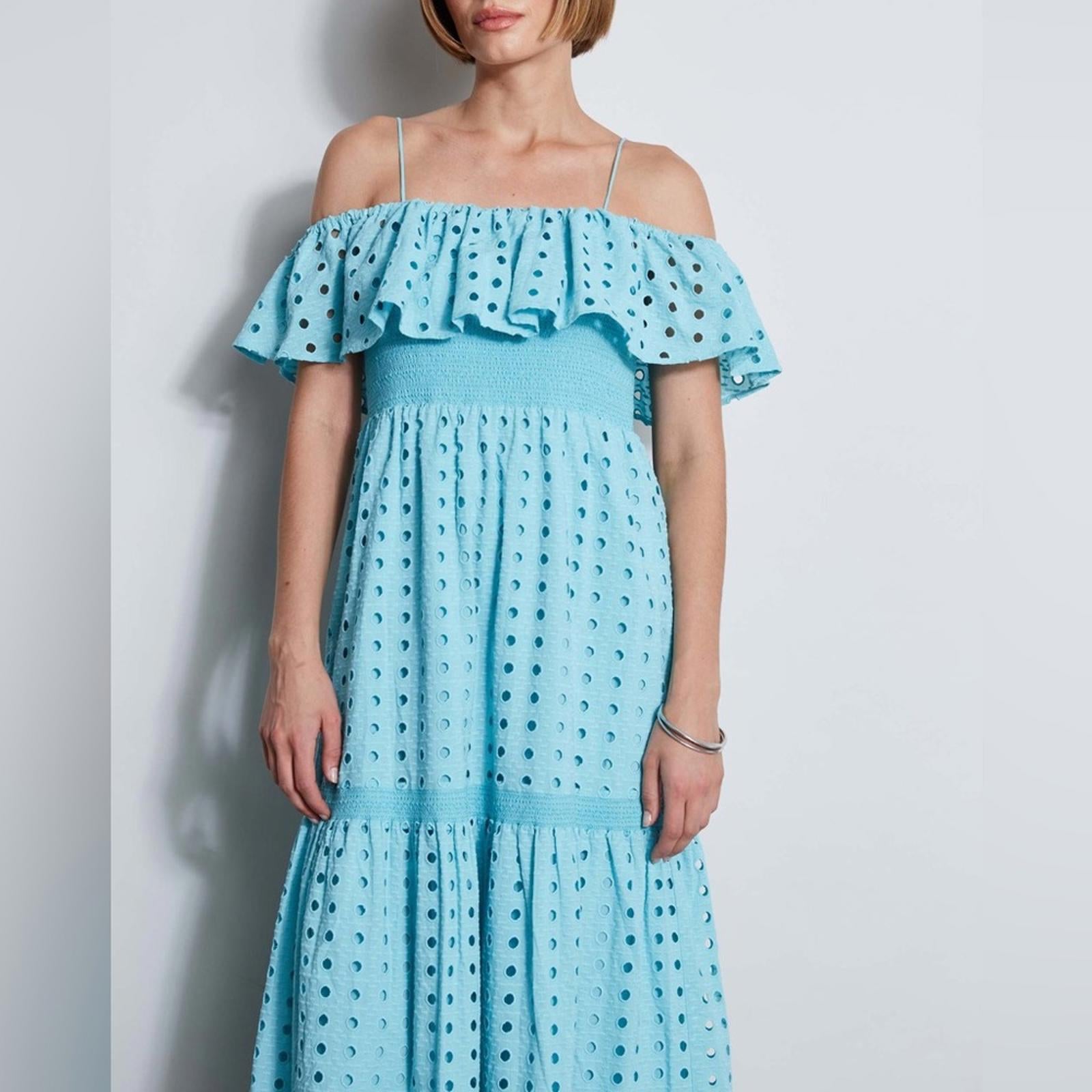 T-Tahari Eyelet Maxi Dress in Blue Haze, Size XS, NEW
