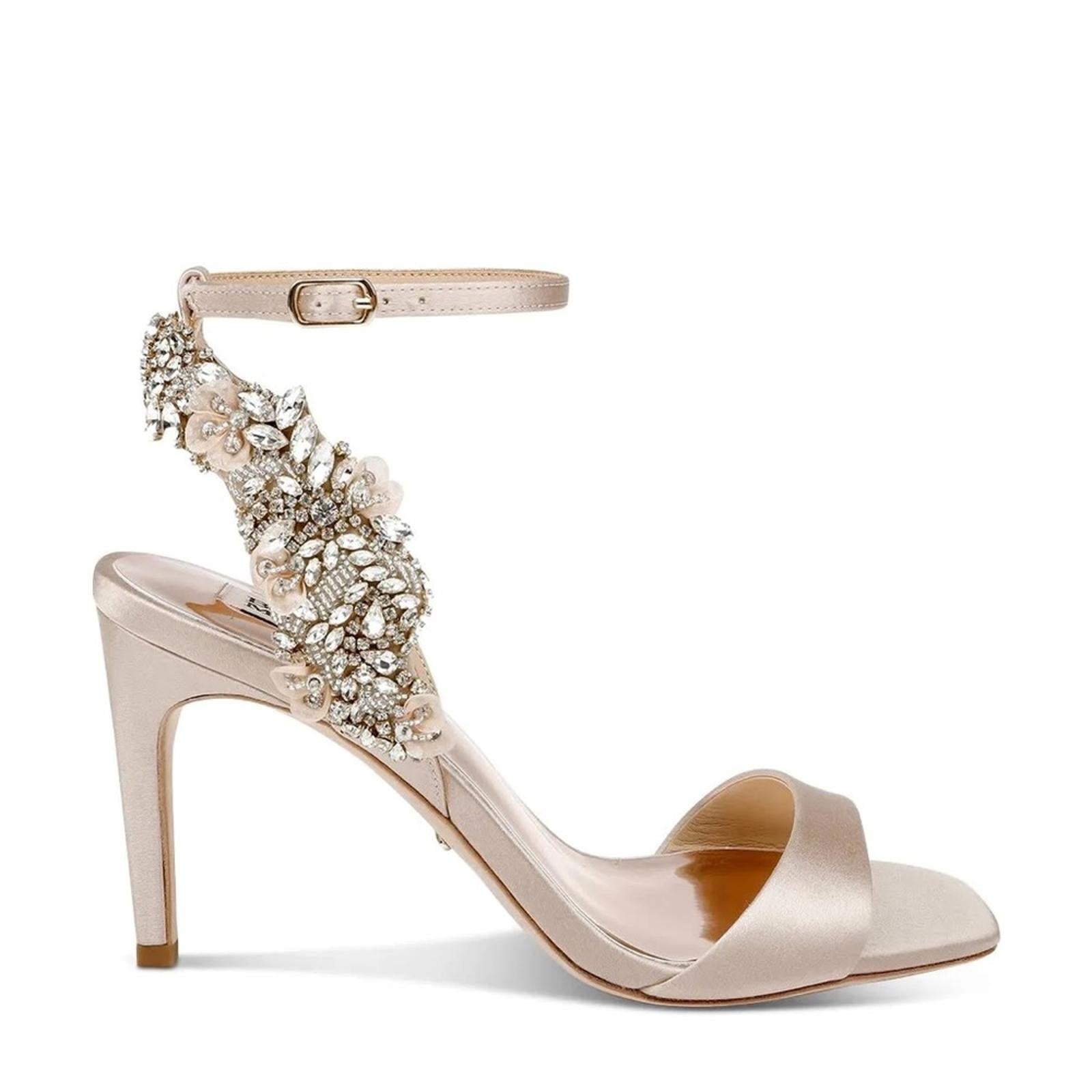 Badgley Mischka Tisha Embellished Heeled Sandals in Nude Satin, Size 8 NEW $245