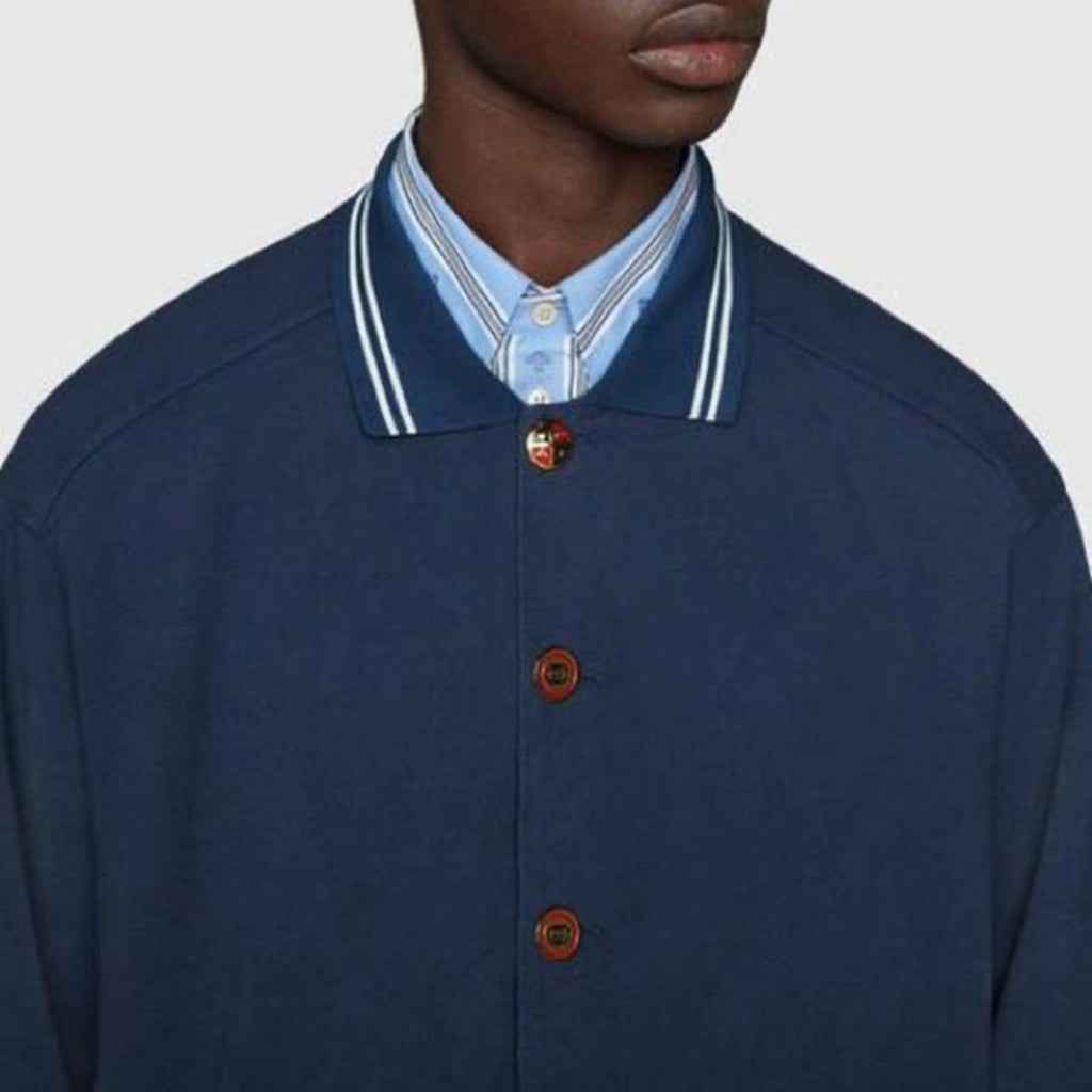 Gucci SS21 Long Sleeves Polo Heavy Cotton Jersey Shirt in Autumn Blue NWT $1,200